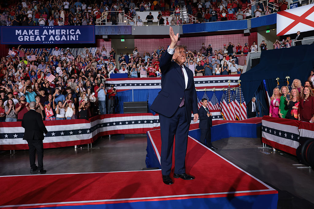 MOBILE, ALABAMA - OCTOBER 02: U.S. President Donald Trump walks off the stage after speaking at a campaign rally in the Mitchell Center at the University of South Alabama on October 02, 2026 in Mobile, Alabama. The rally is being held in Alabama's 1st Congressional District which was redrawn when the state redistricted earlier this year. (Photo by Anna Moneymaker/Getty Images)