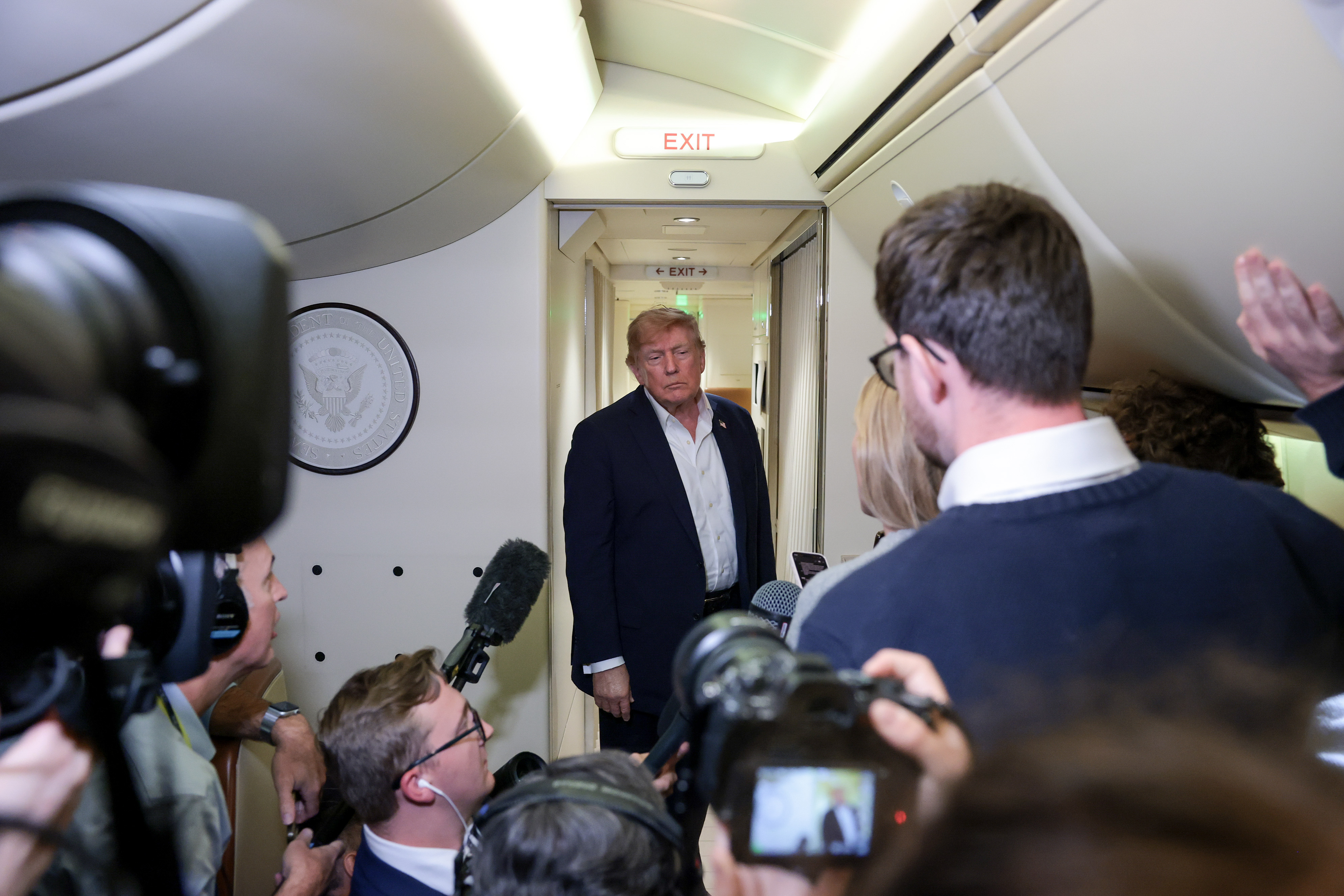 President Donald Trump speaks to reporters aboard Air Force One while traveling back from Ireland to Joint Base Andrews, Maryland on September 13, 2026 in flight. President Trump spoke to reporters about his trip to Ireland and a range of other topics including advancements in AI, Ukraine and the midterms (Photo by Anna Moneymaker/Getty Images)