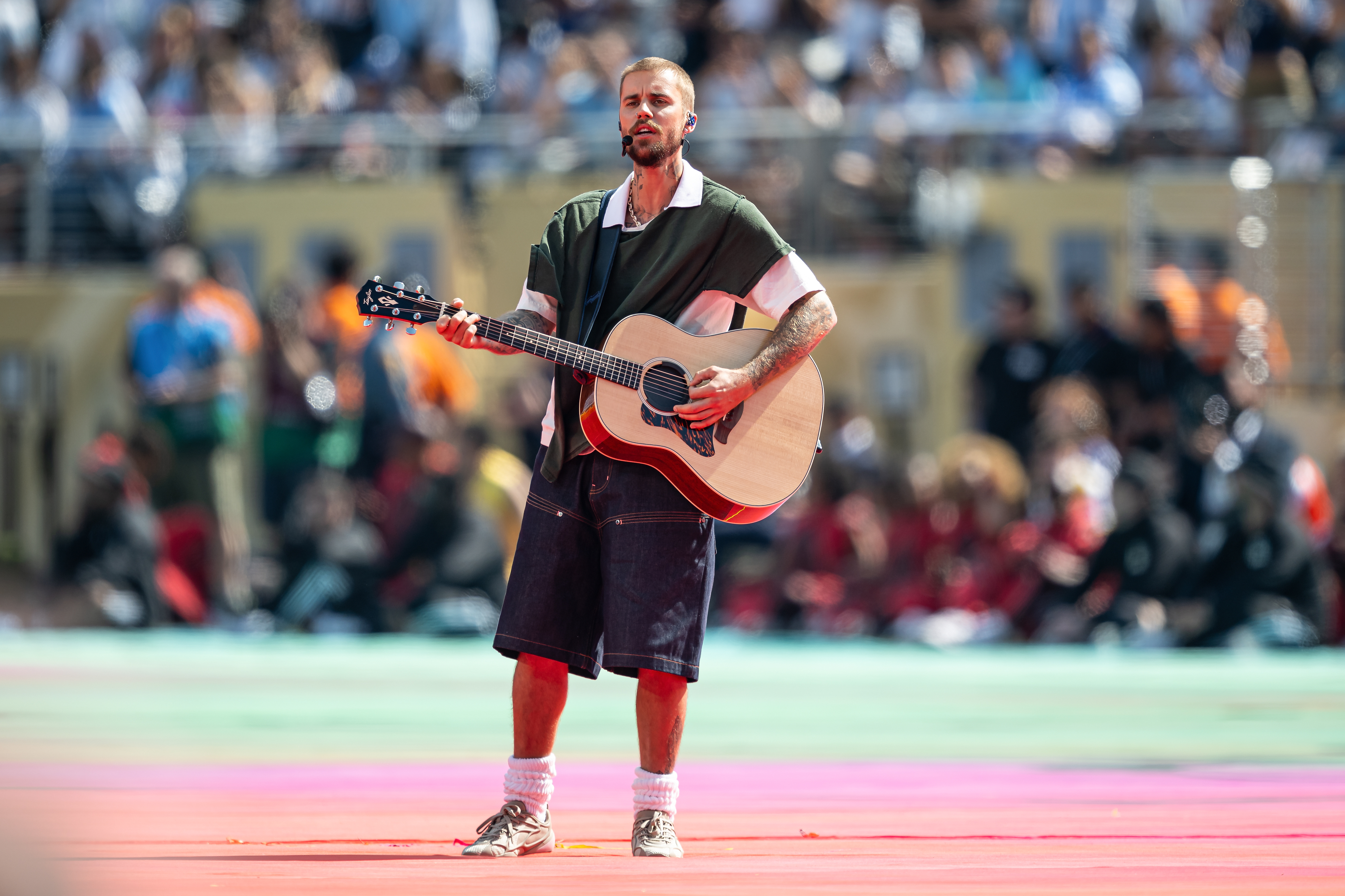 EAST RUTHERFORD, NEW JERSEY - JULY 19: Justin Bieber performs in the FIFA World Cup Final Halftime Show during the FIFA World Cup 2026 Final match between Spain and Argentina at New York New Jersey Stadium on July 19, 2026 in East Rutherford, New Jersey. (Photo by Marvin Ibo Guengoer - GES Sportfoto/Getty Images)