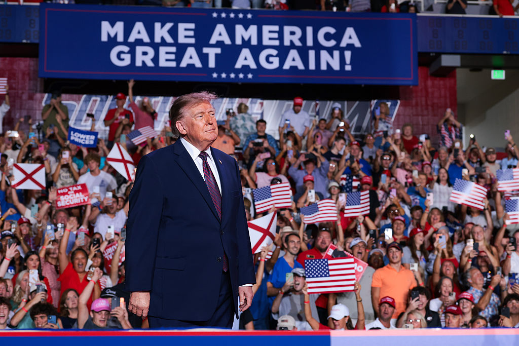 MOBILE, ALABAMA - OCTOBER 02: U.S. President Donald Trump arrives onstage for a campaign rally in the Mitchell Center at the University of South Alabama on October 02, 2026 in Mobile, Alabama. The rally is being held in Alabama's 1st Congressional District which was redrawn when the state redistricted earlier this year. (Photo by Anna Moneymaker/Getty Images)
