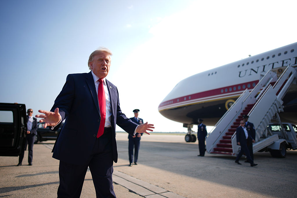JOINT BASE ANDREWS, MARYLAND - JULY 01: U.S. President Donald Trump stops to speak to the media before boarding Air Force One on July 01, 2026 at Joint Base Andrews, Maryland. Trump is traveling to North Dakota to attend the Theodore Roosevelt Presidential Library dedication on his first trip using the new Air Force One aircraft gifted to the U.S. by Qatar's government. (Photo by Andrew Harnik/Getty Images)