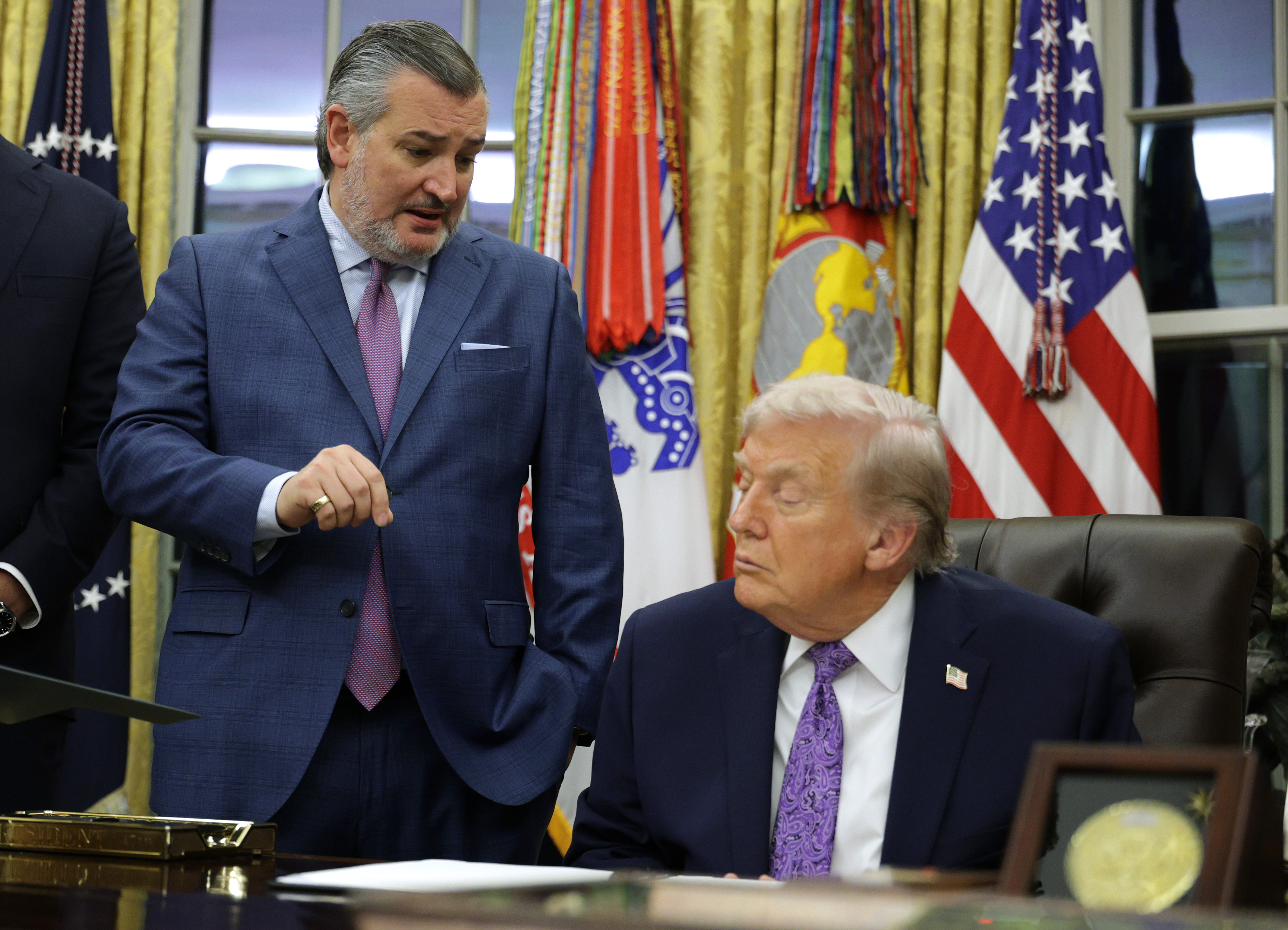 Sen Ted Cruz (R-TX) and President Donald Trump talk in the Oval Office of the White House on December 11, 2025 in Washington, DC (Photo by Alex Wong/Getty Images)