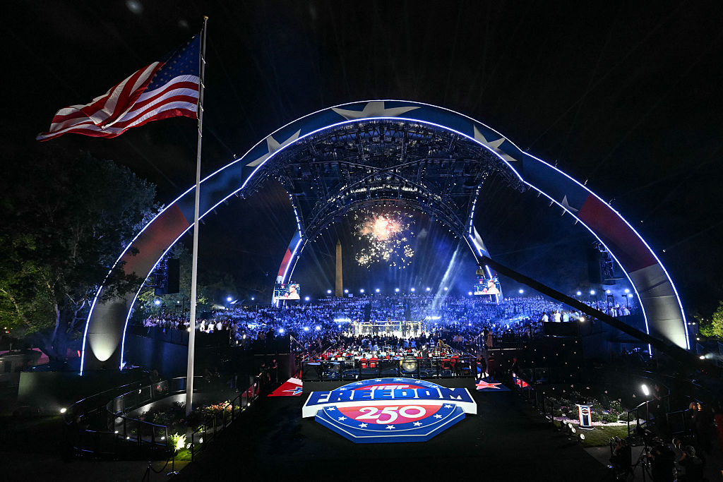 WASHINGTON, DC - JUNE 15: Fireworks go off ahead of the final bout between Georgia's Ilia Topuria and America's Justin Gaethje during the