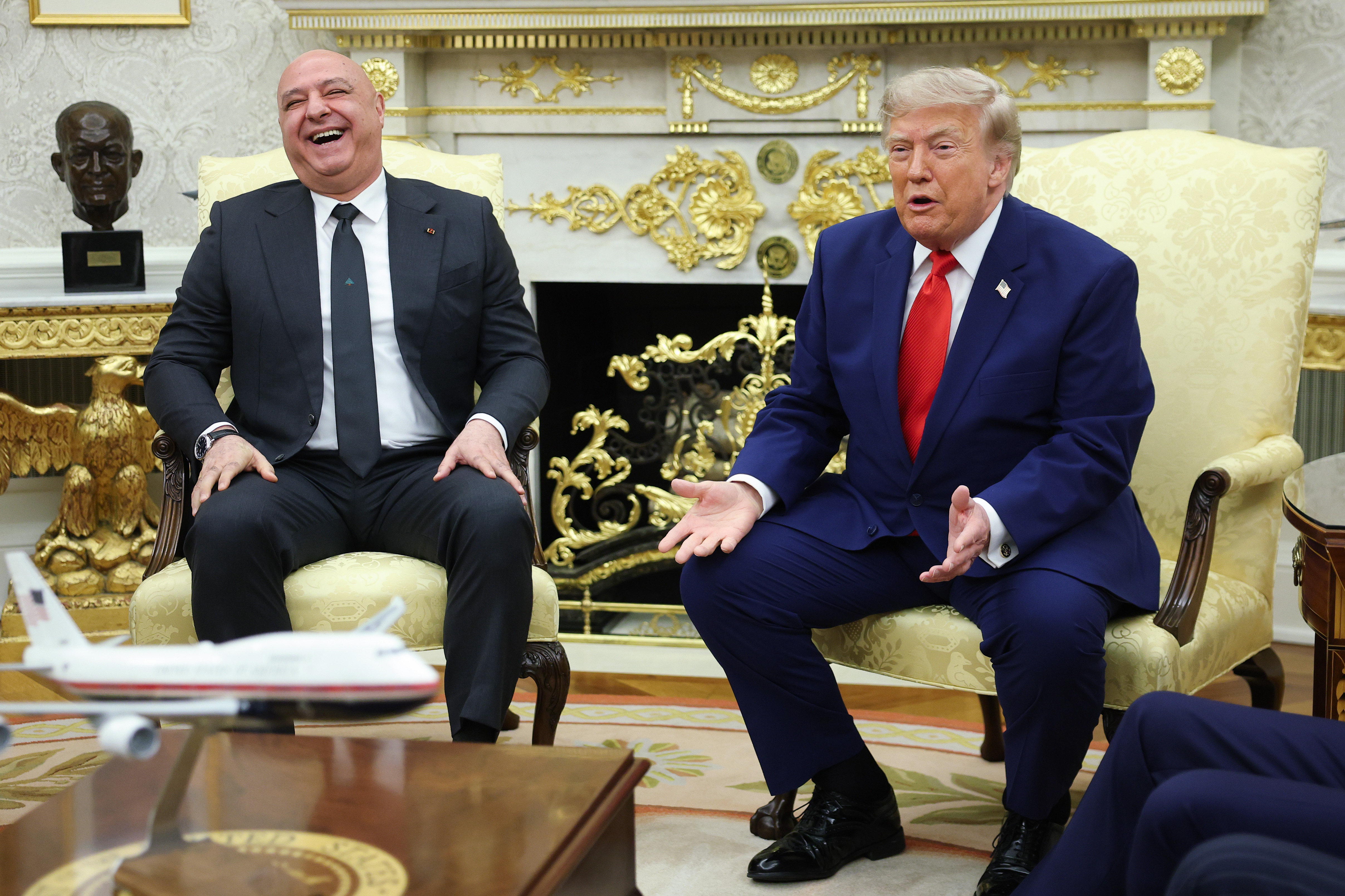 U.S. President Donald Trump speaks as President&nbsp;of&nbsp;Lebanon&nbsp;Joseph Aoun reacts during a bilateral meeting in the Oval Office of the White House on July 21, 2026 in Washington, DC. Aoun is visiting the...