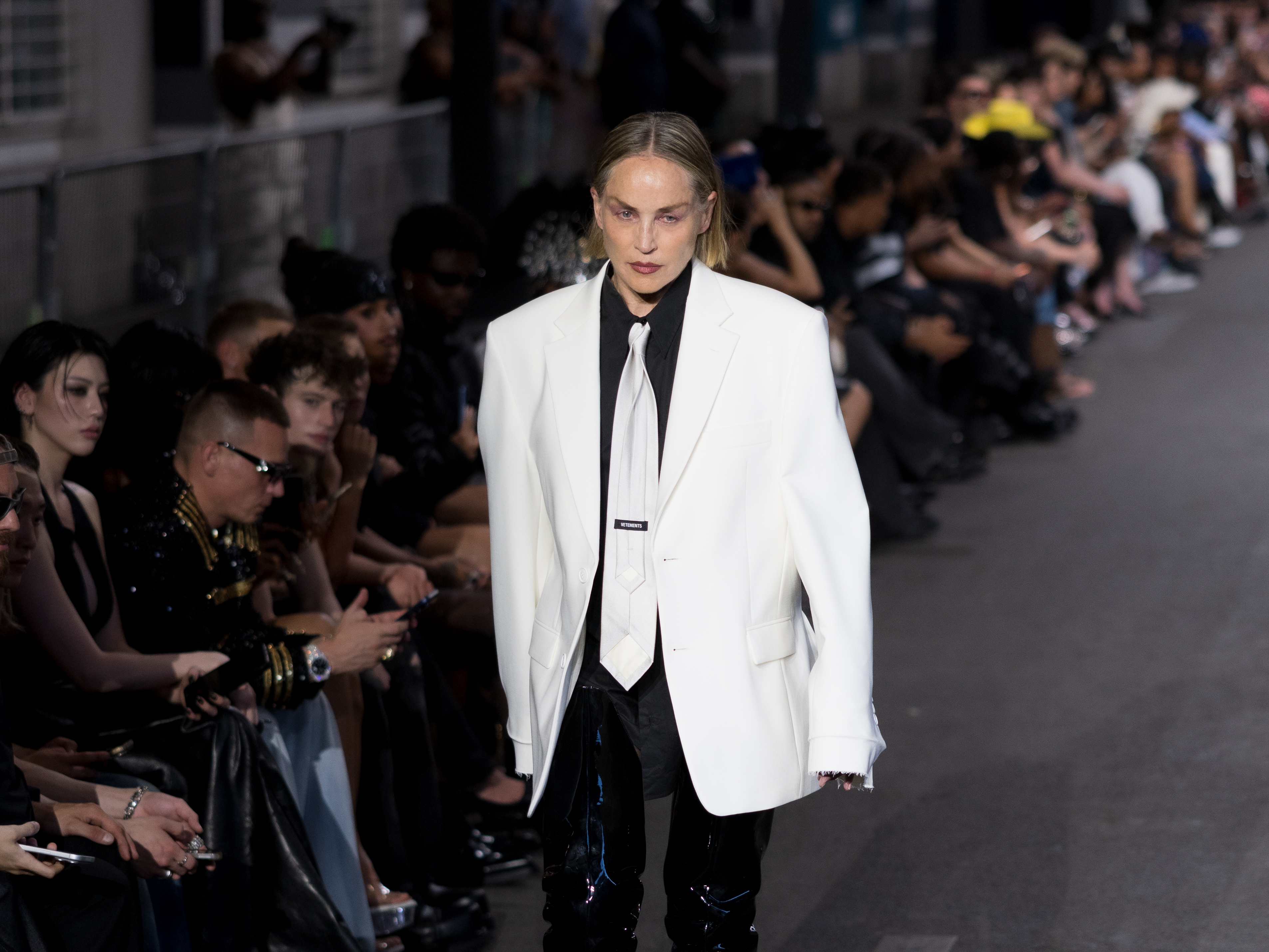 PARIS, FRANCE - JUNE 26: (EDITORIAL USE ONLY - For Non-Editorial use please seek approval from Fashion House) Sharon Stone walks the runway during the Vetements Menswear Spring/Summer 2027 show as part of Paris Fashion Week on June 26, 2026 in Paris, France. (Photo by Arnold Jerocki/Getty Images)
