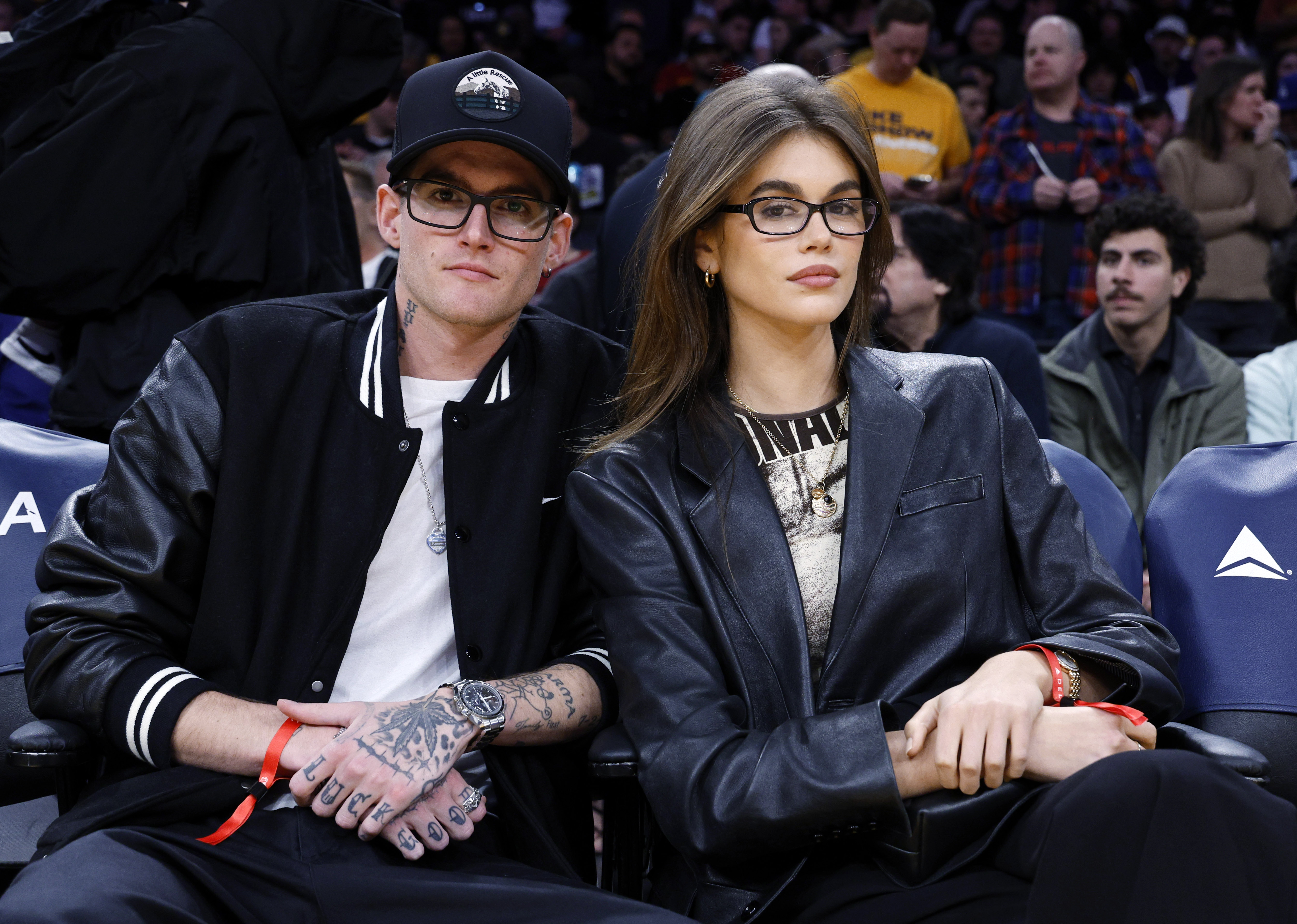 LOS ANGELES, CALIFORNIA - FEBRUARY 23: Kaia Gerber and Presley Gerber attend the Los Angeles Lakers and San Antonio Spurs basketball game at Crypto.com Arena on February 23, 2024 in Los Angeles, California. NOTE TO USER: User expressly acknowledges and agrees that, by downloading and or using this photograph, User is consenting to the terms and conditions of the Getty Images License Agreement. (Photo by Kevork Djansezian/Getty Images)