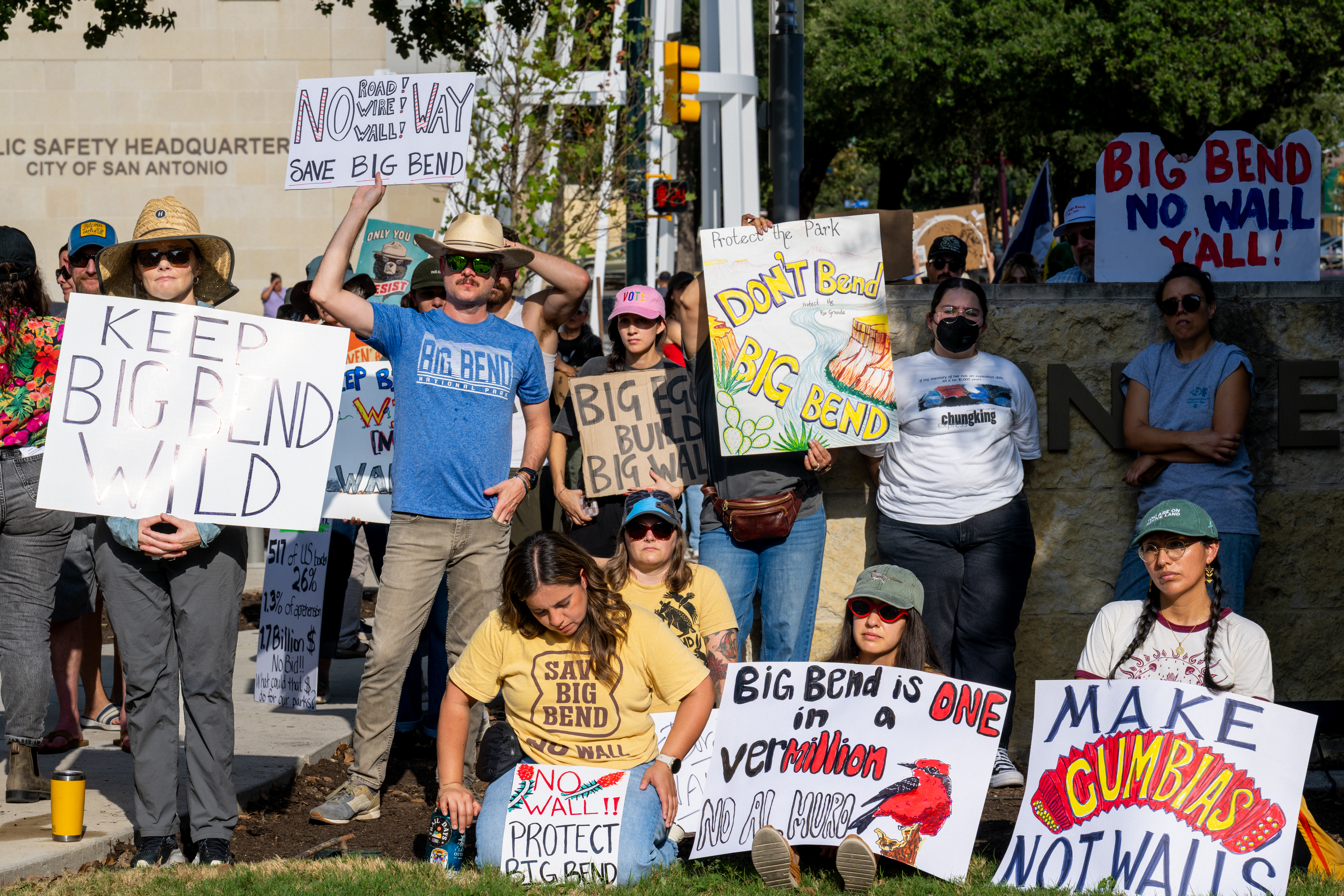 SAN ANTONIO, TEXAS - AUGUST 28: Demonstrators rally outside of the United States Courthouse on August 28, 2026 in San Antonio, Texas. A federal court has granted an emergency hearing on a petition for a temporary restraining order against the Department of Homeland Security. The petition follows a federal lawsuit filed by local residents and members of the Lipan Apache Tribe seeking to permanently halt construction on religious and constitutional grounds. (Photo by Brandon Bell/Getty Images)