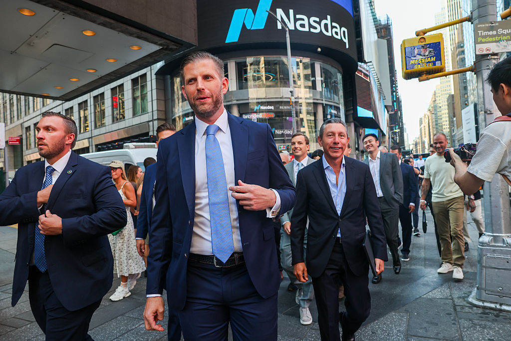 Eric Trump , the newly appointed ALT5 Board Director of World Liberty Financial walks outside of NASDAQ in Times Square as they mark the $1.5B partnership between World Liberty Financial and ALT5...