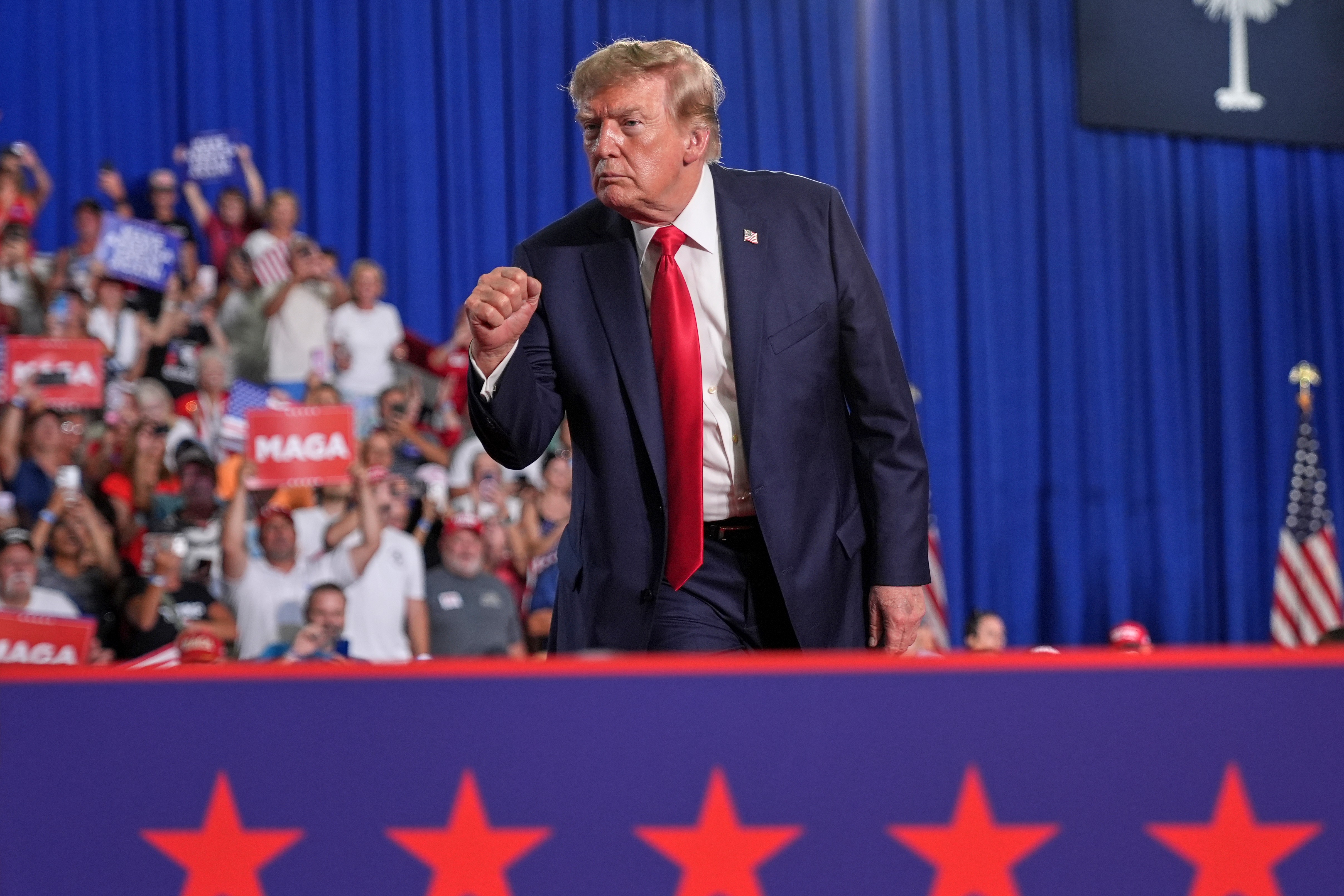 President Donald Trump speaks at a campaign rally for Sen. Darline Graham, R-S.C., at the Myrtle Beach Convention Center in Myrtle Beach, S.C., Friday, Aug. 21, 2026. (AP Photo/Jacquelyn Martin)