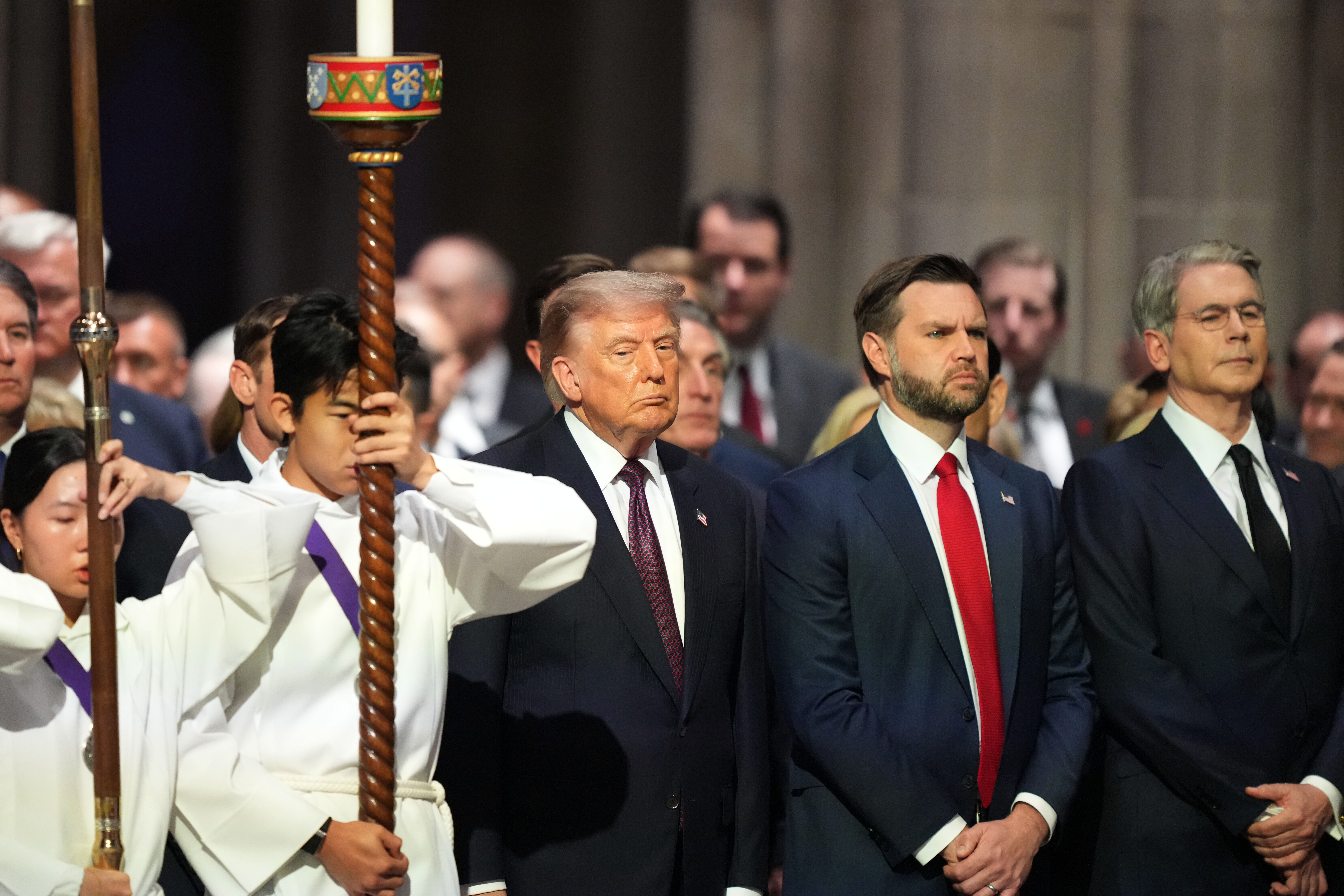 President Donald Trump, Vice President JD Vance and Treasury Secretary Scott Bessent attend the funeral of Sen. Lindsey Graham, R-S.C., at the Washington National Cathedral, Tuesday, July 28, 2026, in Washington. (AP Photo/Alex Brandon)