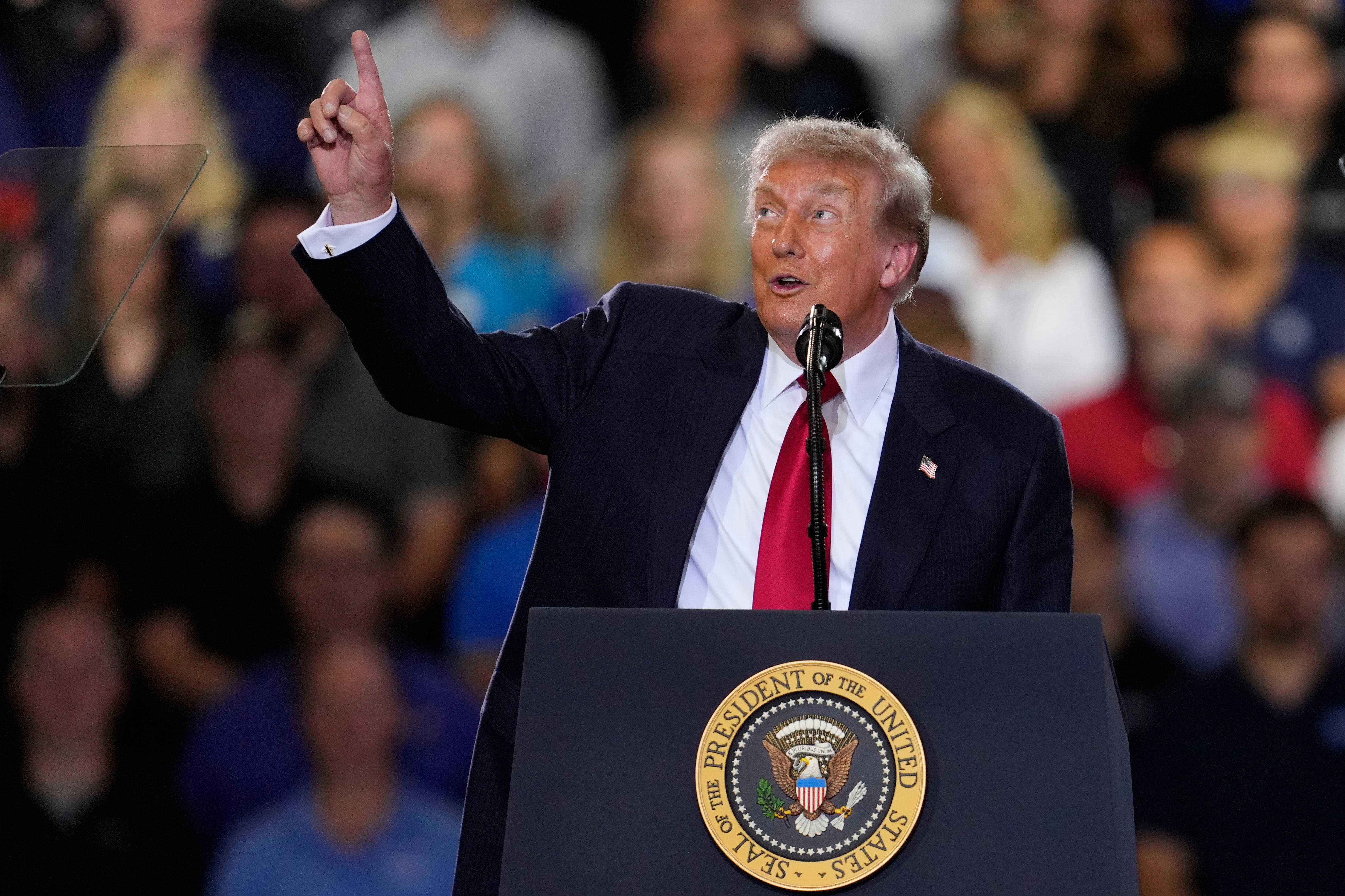 President Donald Trump speaks at an event at the General Motors Proving Ground Monday, July 27, 2026, in Milford, Mich. (AP Photo/Paul Sancya)