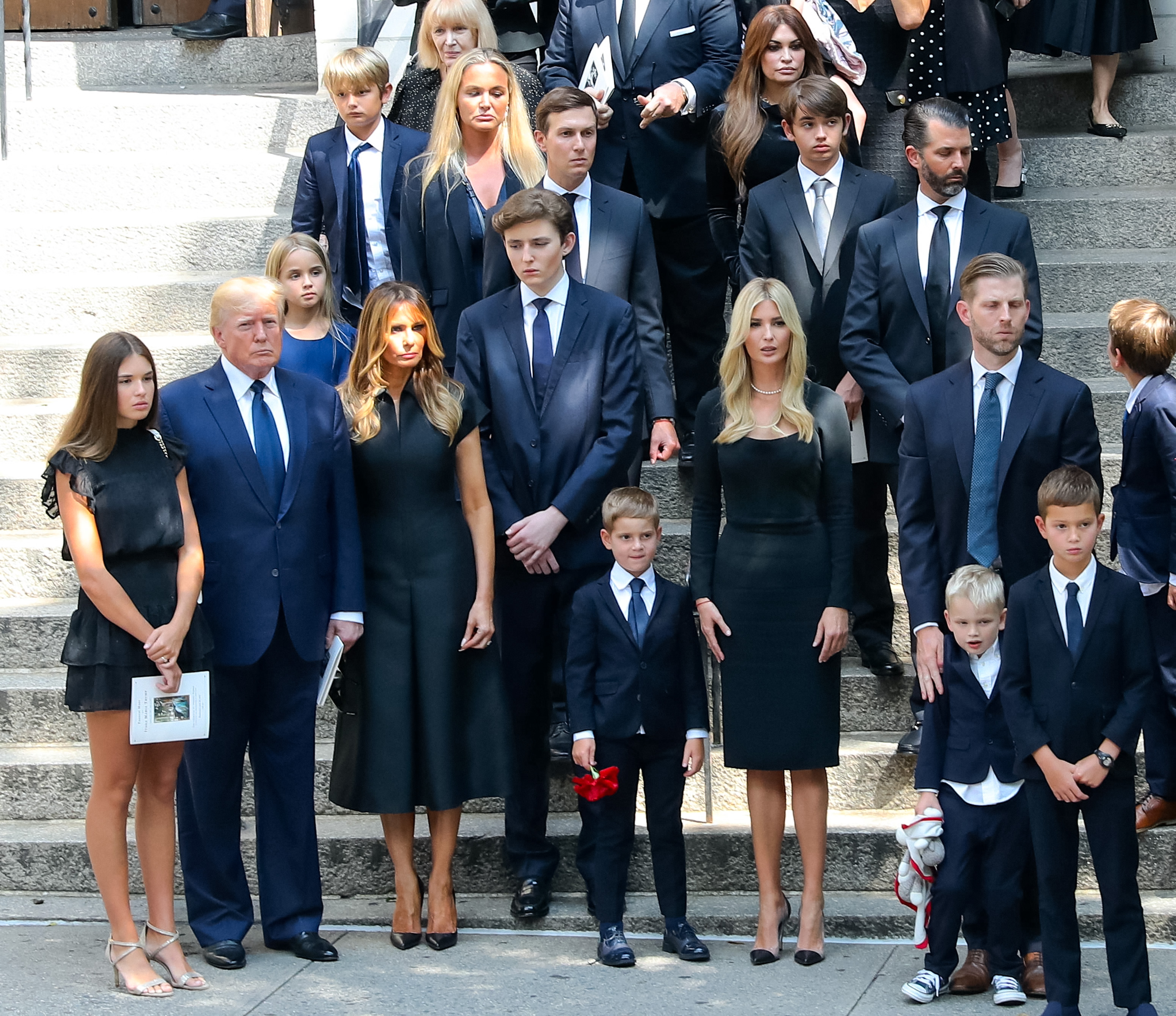 NEW YORK, NY - JULY 20: Donald Trump, Melania Trump, Barron Trump, Jared Kushner, Kimberly Guilfoyle, Ivanka Trump, Donald Trump Jr. and Eric Trump are seen at the funeral of Ivana Trump on July 20, 2022 in New York City.  (Photo by Jose Perez/Bauer-Griffin/GC Images)