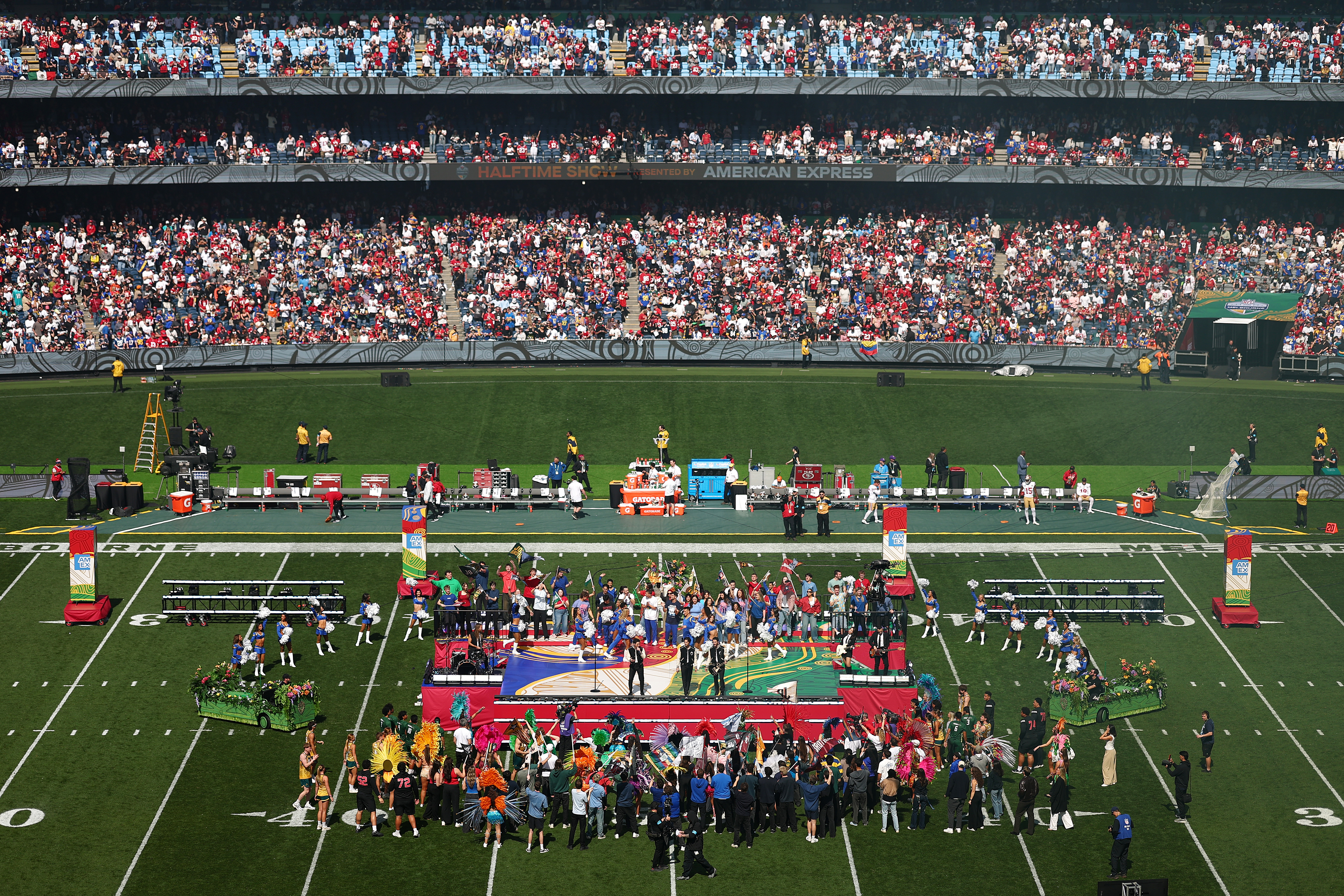 MELBOURNE, AUSTRALIA - SEPTEMBER 11: Jonas Brothers perform at half time of the NFL football game between Los Angeles Rams and San Francisco 49ers at the Melbourne Cricket Ground on September 11, 2026 in Melbourne, Australia. (Photo by Morgan Hancock/Getty Images)