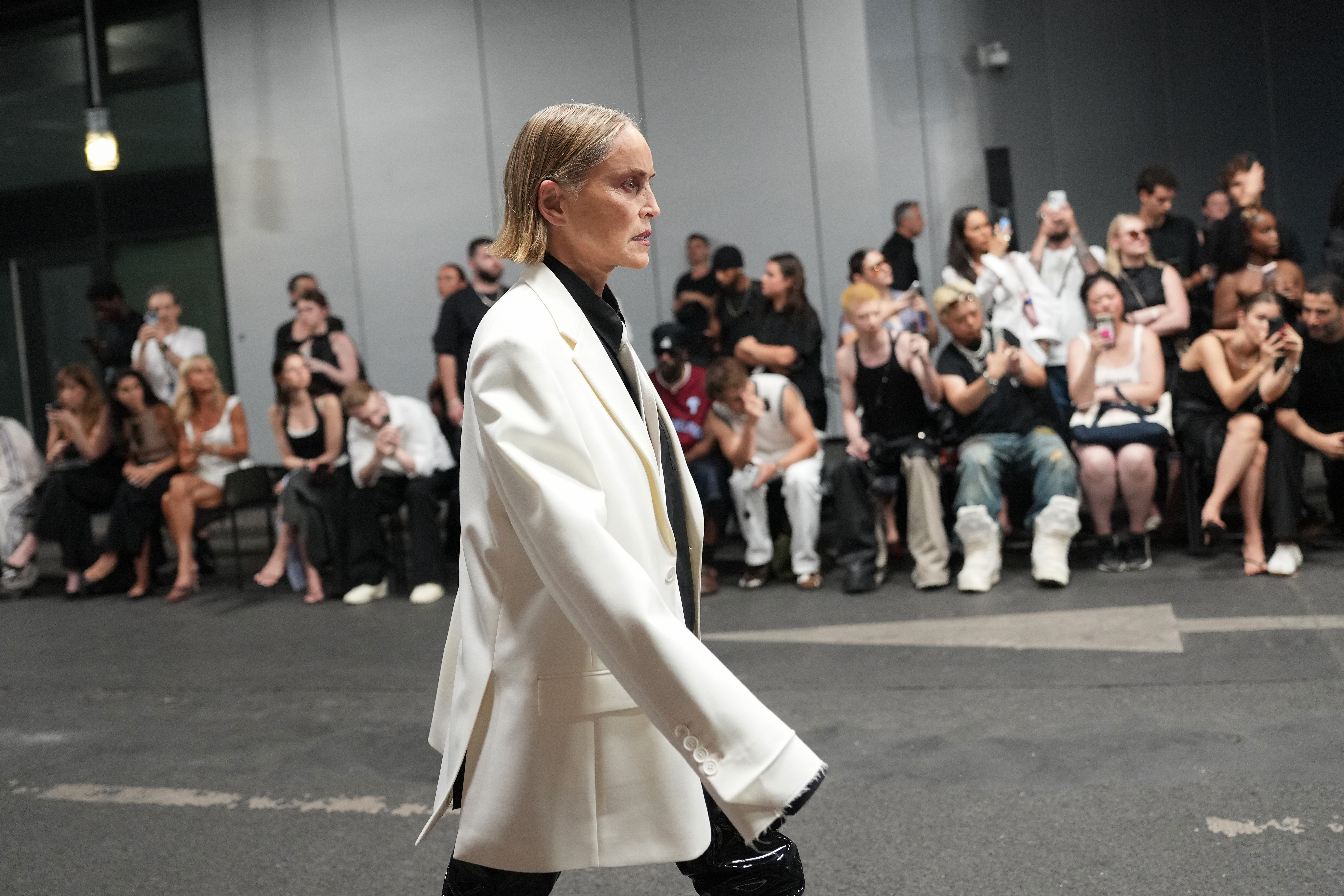 PARIS, FRANCE - JUNE 26: (EDITORIAL USE ONLY - For Non-Editorial use please seek approval from Fashion House) Sharon Stone walks the runway during the Vetements Menswear Spring/Summer 2027 show as part of Paris Fashion Week on June 26, 2026 in Paris, France. (Photo by Edward Berthelot/Getty Images)