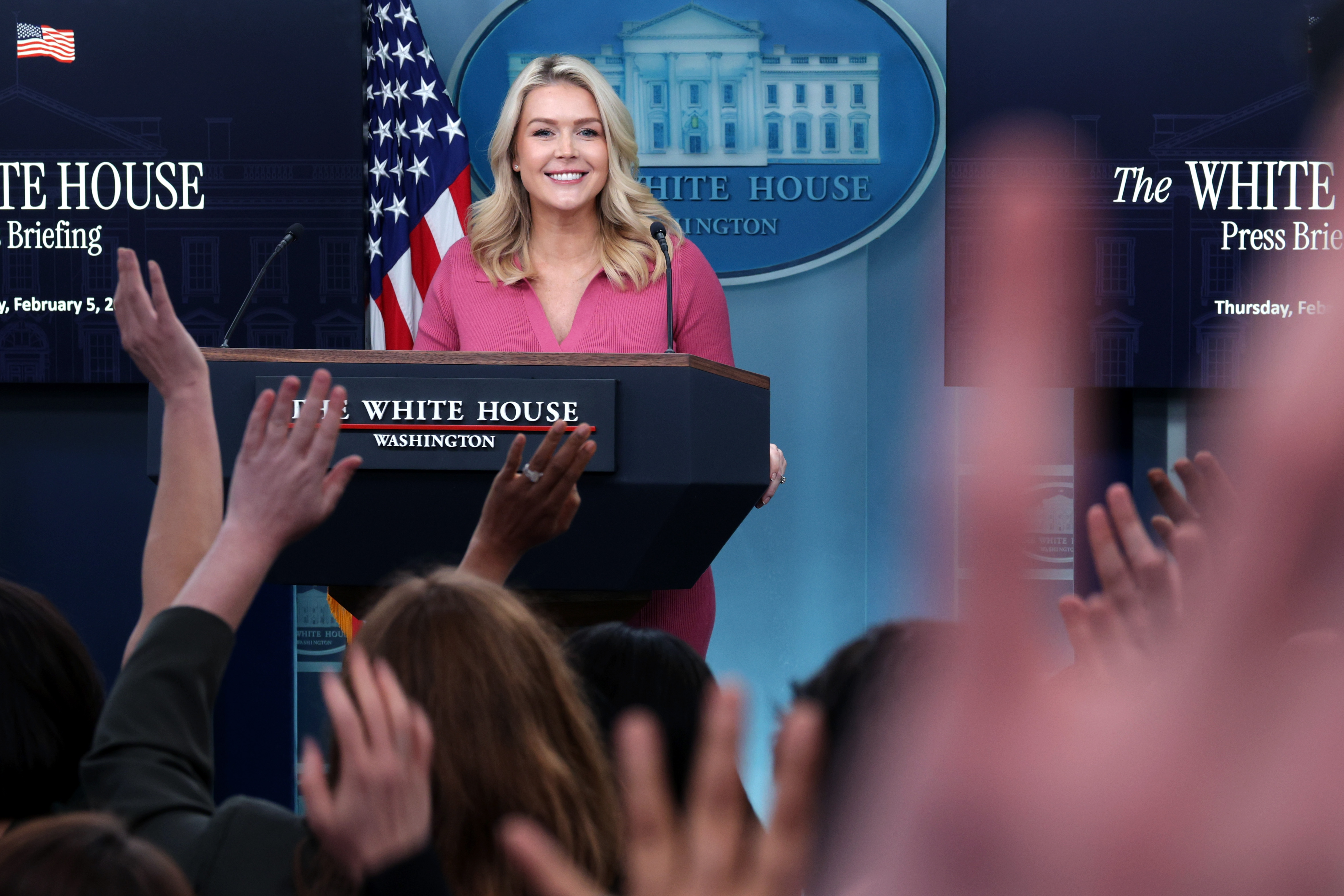 WASHINGTON, DC - FEBRUARY 05: White House Press Secretary Karoline Leavitt answers questions during a news briefing in the James S. Brady Press Briefing Room of the White House on February 05, 2026 in Washington, DC. This was Leavitt's first press briefing on President Trump's agenda.since January 26. (Photo by Alex Wong/Getty Images)