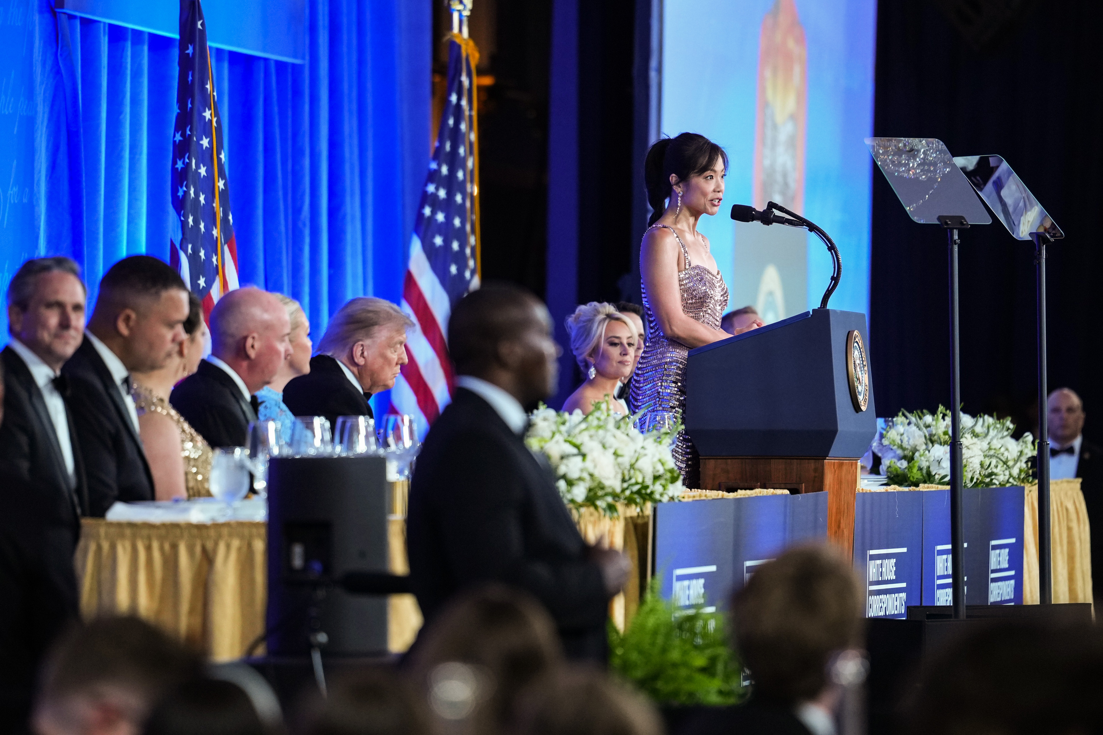 White House Correspondents Association President Weijia Jiang speaks during the re-scheduled White House Correspondents Dinner in the Presidential Ballroom at the Waldorf Astoria on July 24, 2026 in...