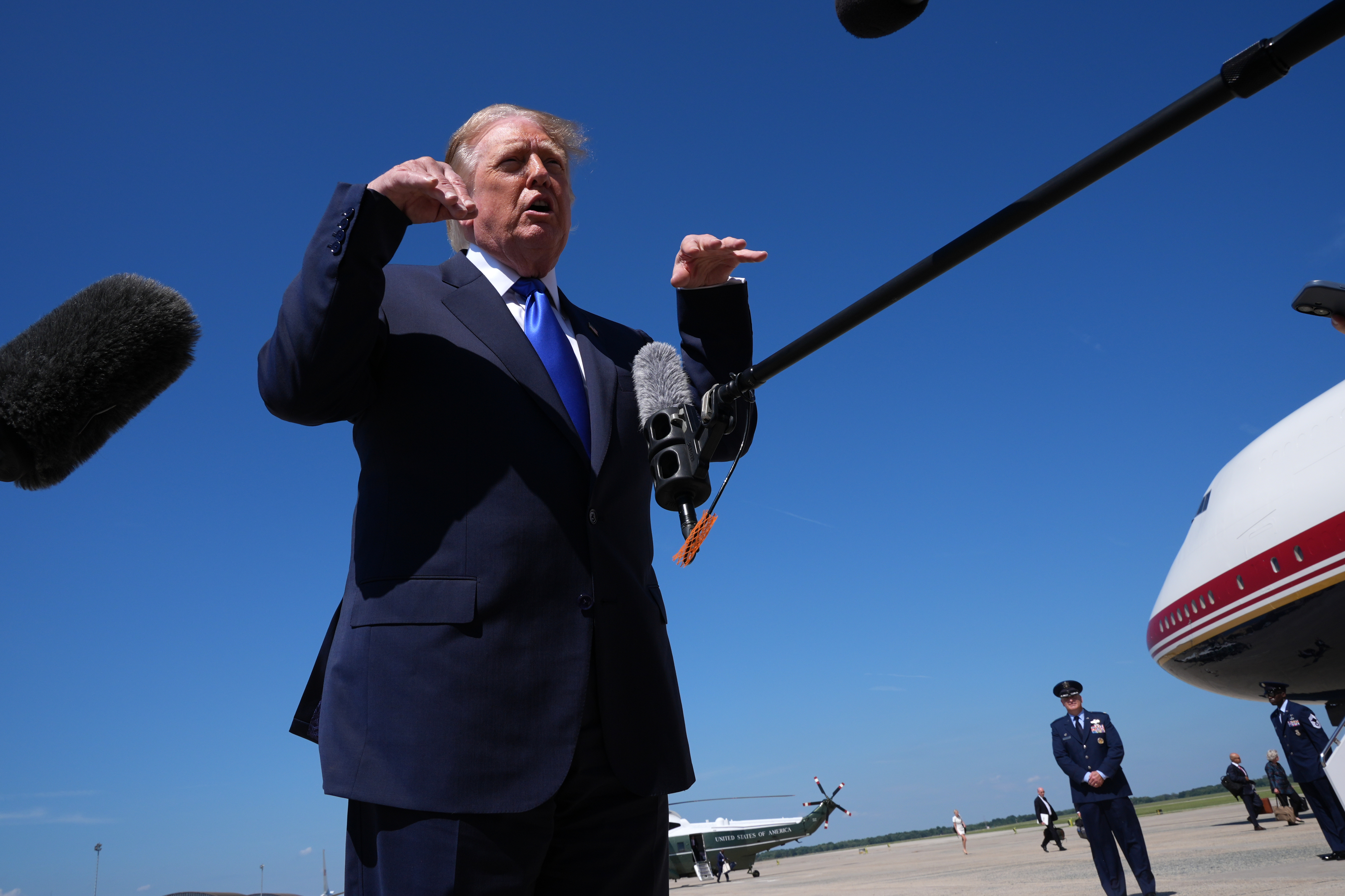 President Donald Trump talks with reporters at Joint Base Andrews, Md, Wednesday, Sept 9,&nbsp;2026. (AP Photo/Jacquelyn Martin)
