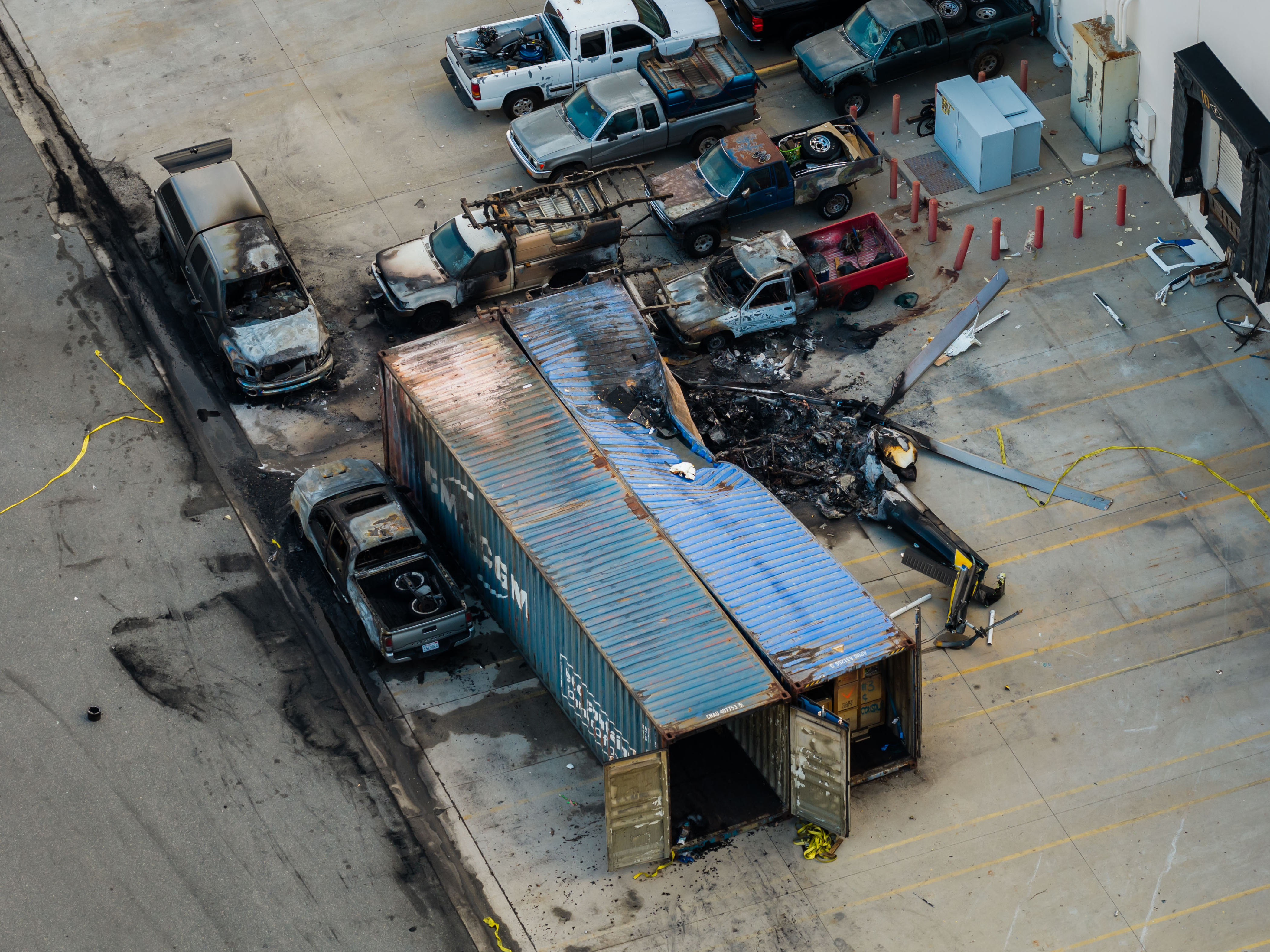 An aerial view of the aftermath of a news helicopter that crashed in Chatsworth, a neighborhood in Los Angeles, Wednesday, Sept. 16, 2026. (AP Photo/Ethan Swope)