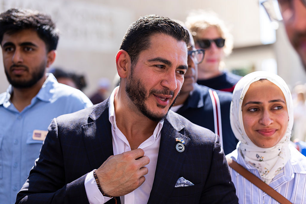 Michigan Democratic Senate primary winner Abdul El-Sayed arrives with his wife, Sarah Jukaku, to a press conference in front of the Spirit of Detroit statue on August 05, 2026 in Detroit, Michigan. Sayed called on Michiganders to unite against Mike Rodgers as well as challenging him to multiple debates. (Photo by Finn Gomez/Getty Images)