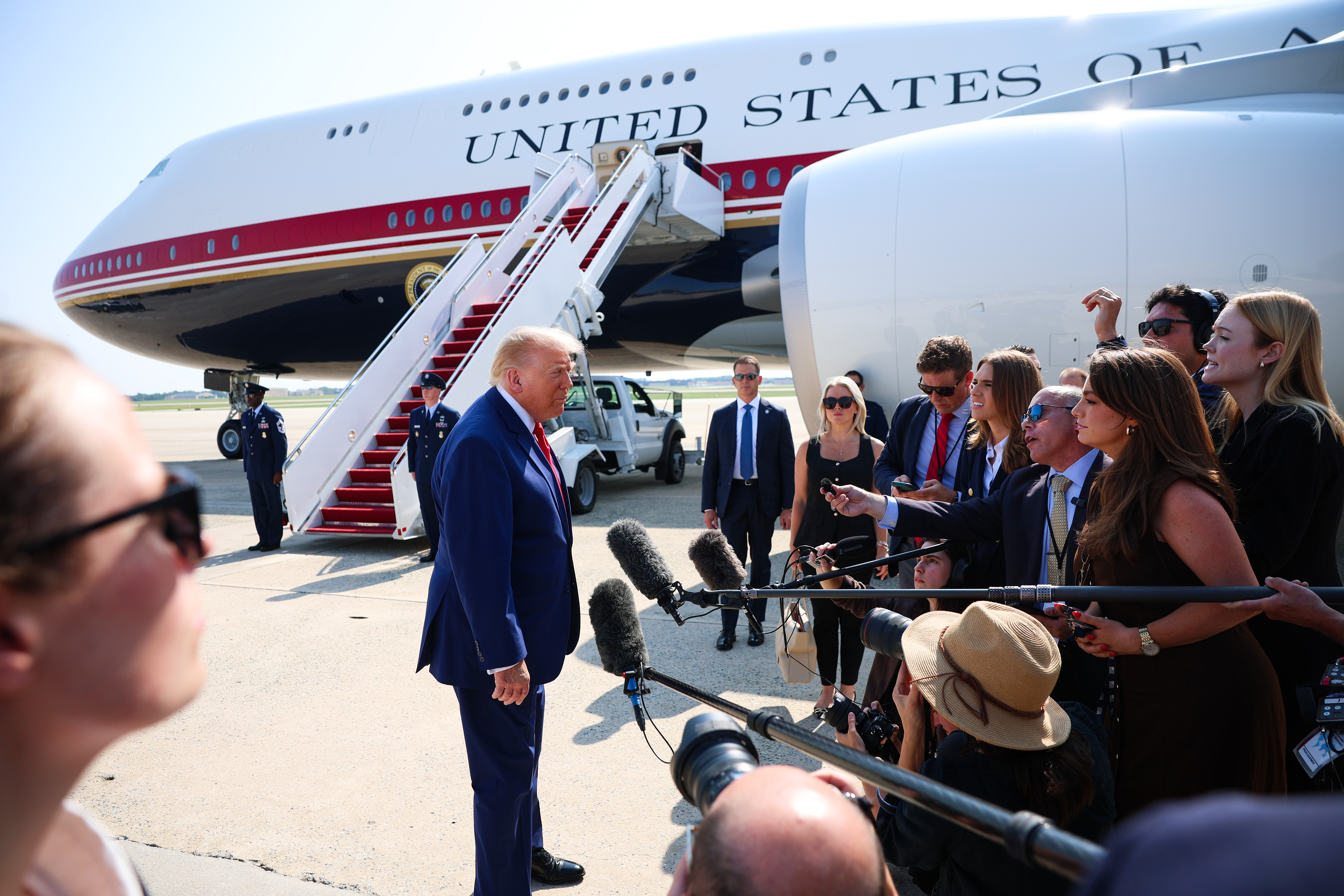 President Donald Trump stops to speak to reporters before boarding Air Force One en route to Dover Air Force Base on July 22, 2026 at Joint Base Andrews, Maryland (Getty Images)