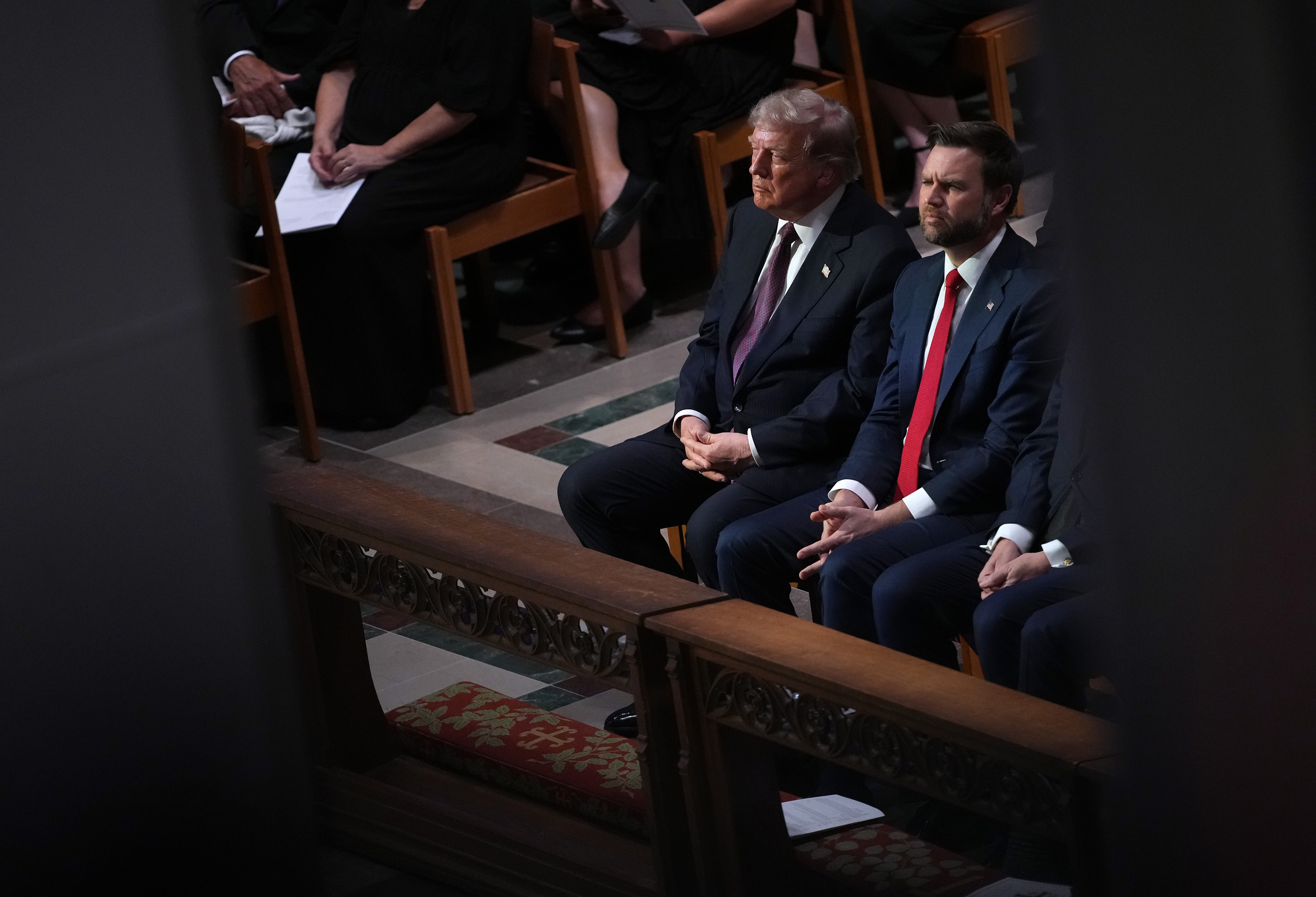 U.S. President Donald Trump and U.S. Vice President JD Vance look on during the funeral service for the late U.S. Sen. Lindsey Graham at the Washington National Cathedral on July 28, 2026 (Andrew Harnik/Getty Images)