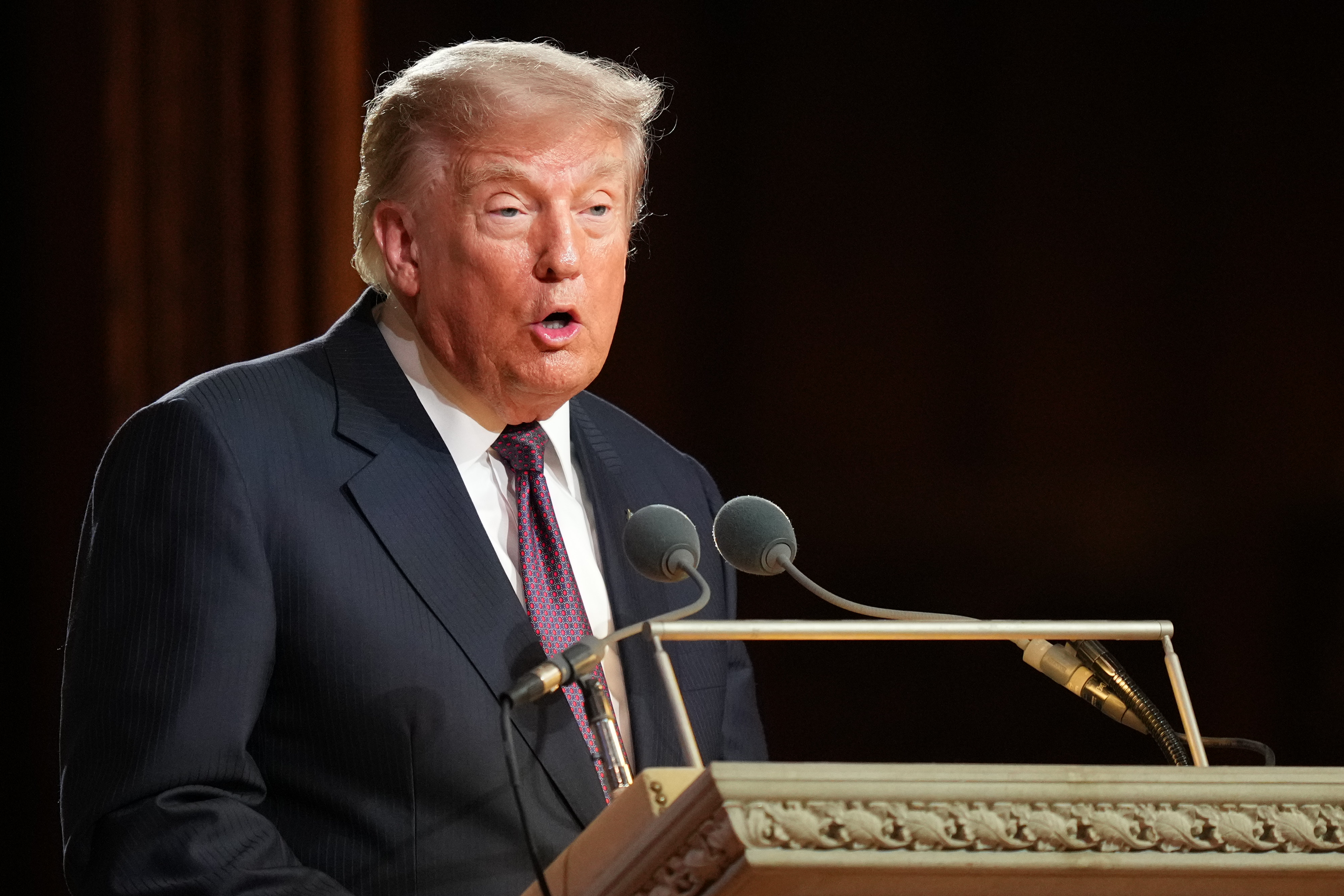 WASHINGTON, DC - JULY 28: U.S. President Donald Trump delivers remarks during the funeral service for the late U.S. Sen. Lindsey Graham (R-SC) at the Washington National Cathedral on July 28, 2026 in Washington, DC. Graham, who was elected to the Senate in 2002, died suddenly on July 11th from an aortic dissection. He was 71 years old. (Photo by Alex Brandon-Pool/Getty Images)