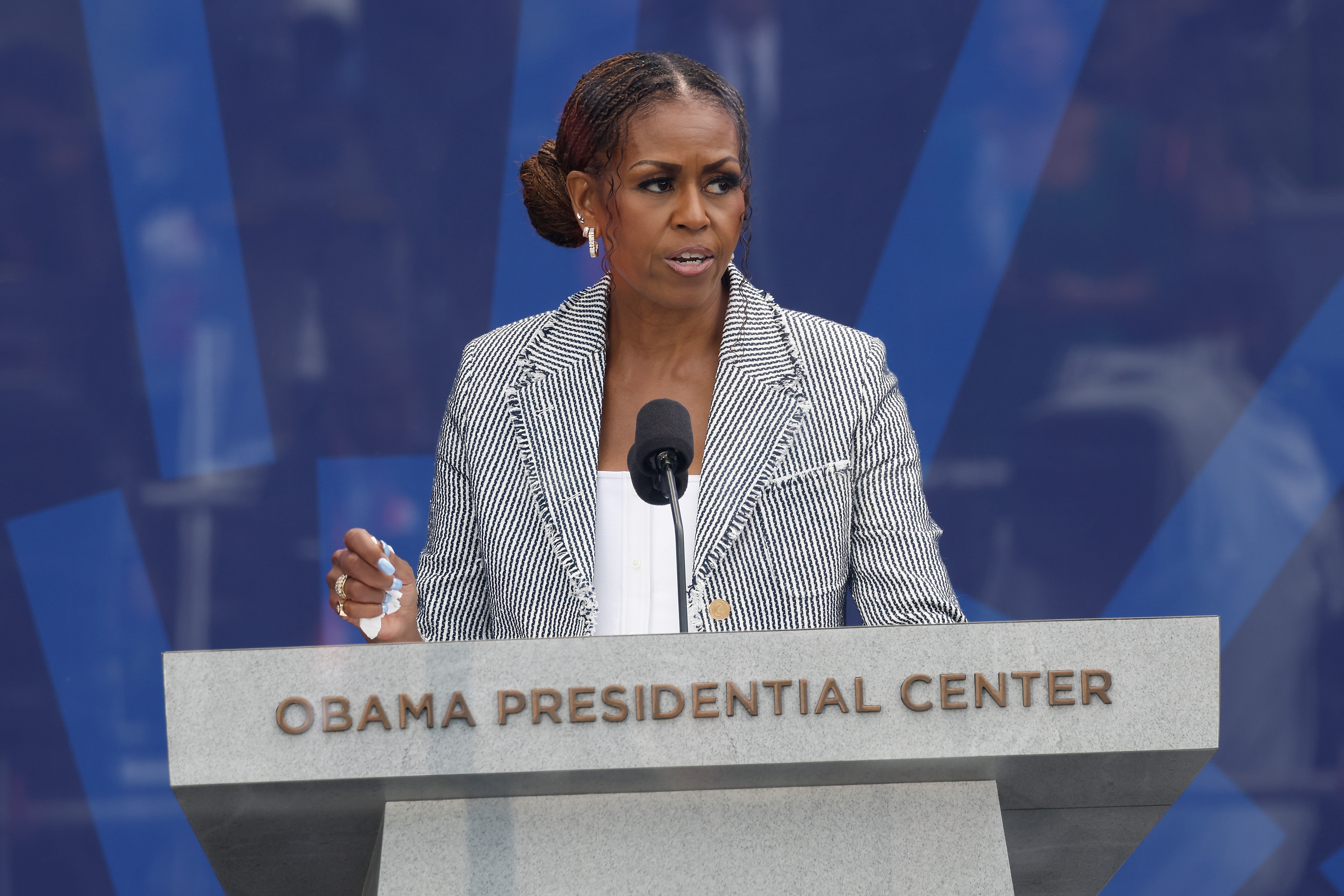CHICAGO, ILLINOIS - JUNE 18: Former first lady Michelle Obama speaks during the dedication ceremony for the opening of the Barack Obama Presidential Center, in John Lewis Plaza, on June 18, 2026 in Chicago, Illinois. Barack Obama served as the 44th president of the United States from 2009 to 2017 and was the first African-American to hold the office. (Photo by Taylor Hill/Getty Images)