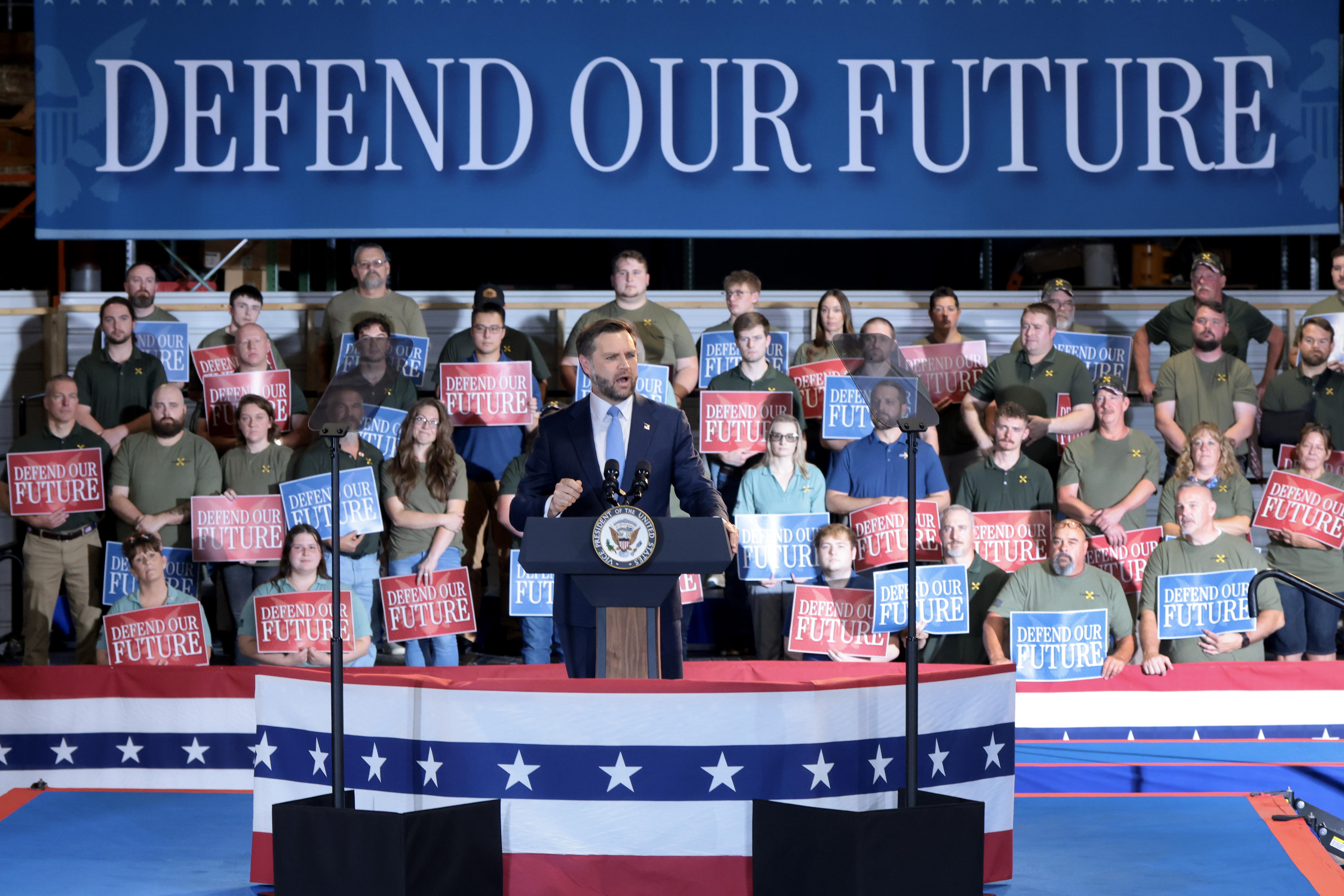 BREWER, MAINE - AUGUST 24: U.S. Vice President JD Vance speaks at CompoTech headquarters on August 24, 2026 in Brewer, Maine. CompoTech is a defense technology company based in Maine. (Photo by Anna Moneymaker/Getty Images)