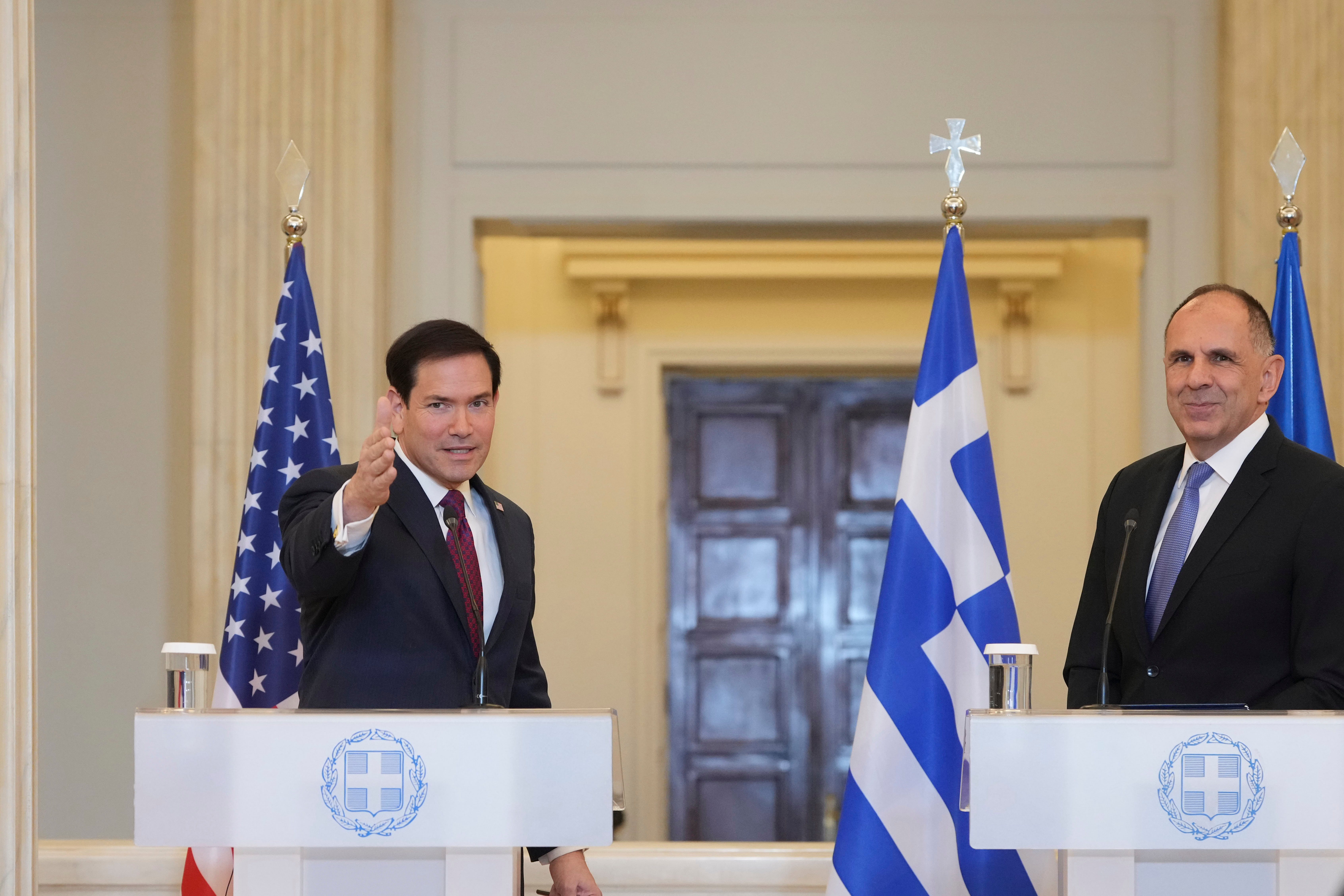 Secretary of State Marco Rubio speaks during a joint press conference with Greek Foreign Minister George Gerapetritis at the Ministry of Foreign Affairs, Wednesday, Oct 7, 2026, in Athens, Greece (AP Photo/Mark Schiefelbein, Pool)
