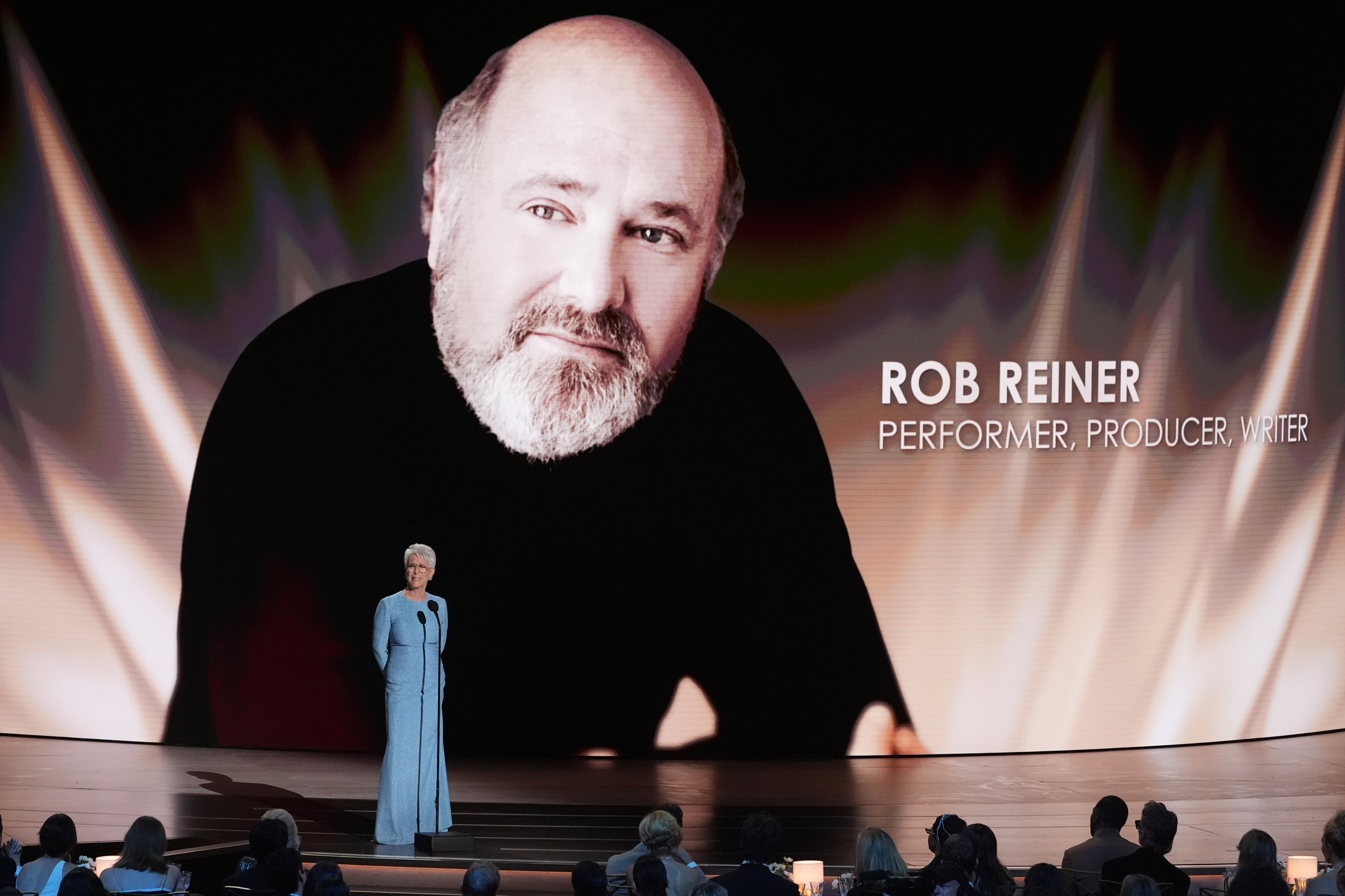 Jamie Lee Curtis pays tribute to Rob Reiner during the 78th Emmy Awards on Monday, Sept. 14, 2026, at the Peacock Theater in Los Angeles. (AP Photo/Chris Pizzello)