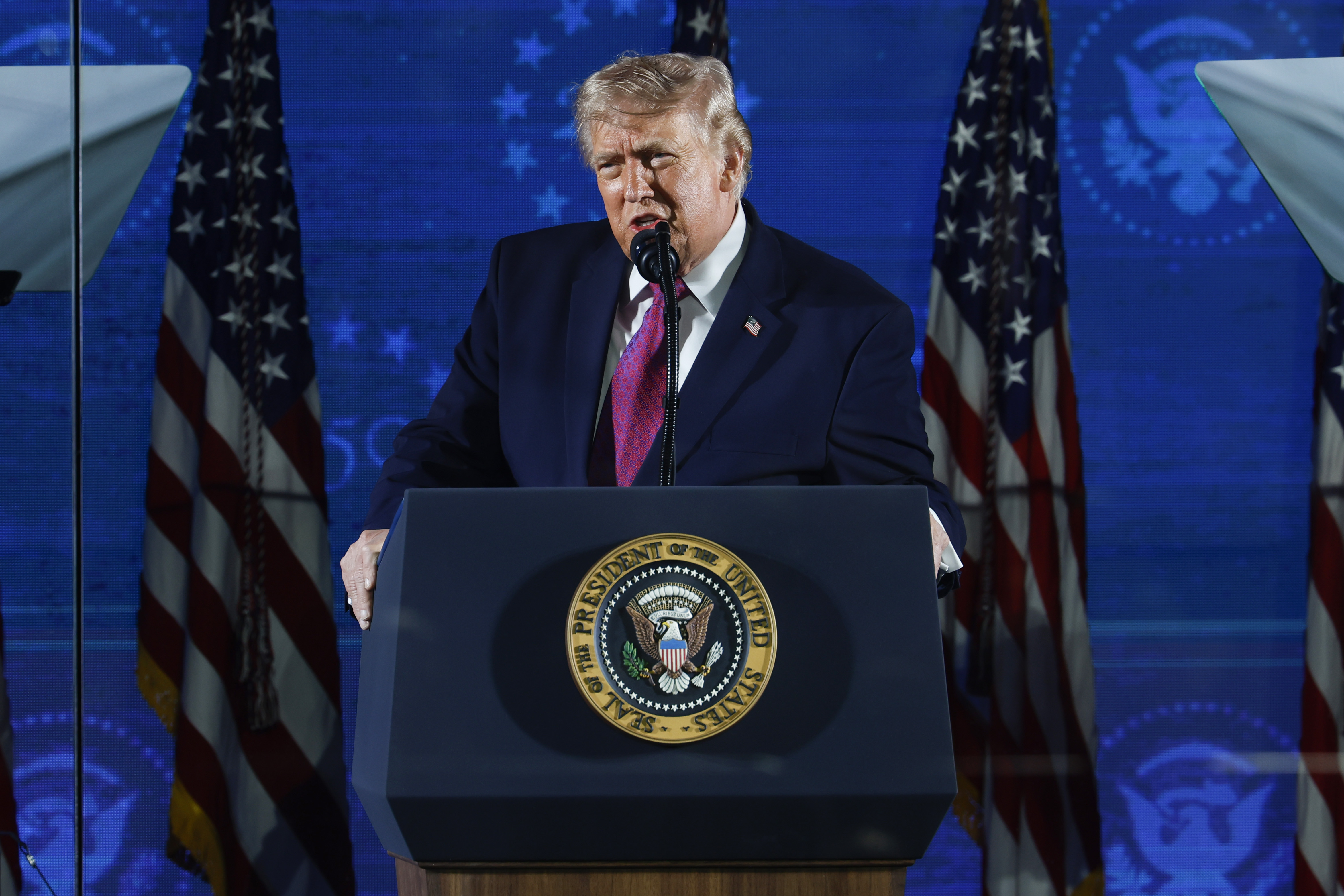 KEYSTONE, SOUTH DAKOTA - JULY 03: U.S. President Donald Trump speaks during a rally at Mount Rushmore National Memorial on July 03, 2026 in Keystone, South Dakota. Trump is holding a rally and fireworks show at Mount Rushmore, kicking off a weekend of 250th Independence Day celebrations across the country. (Photo by Chip Somodevilla/Getty Images)