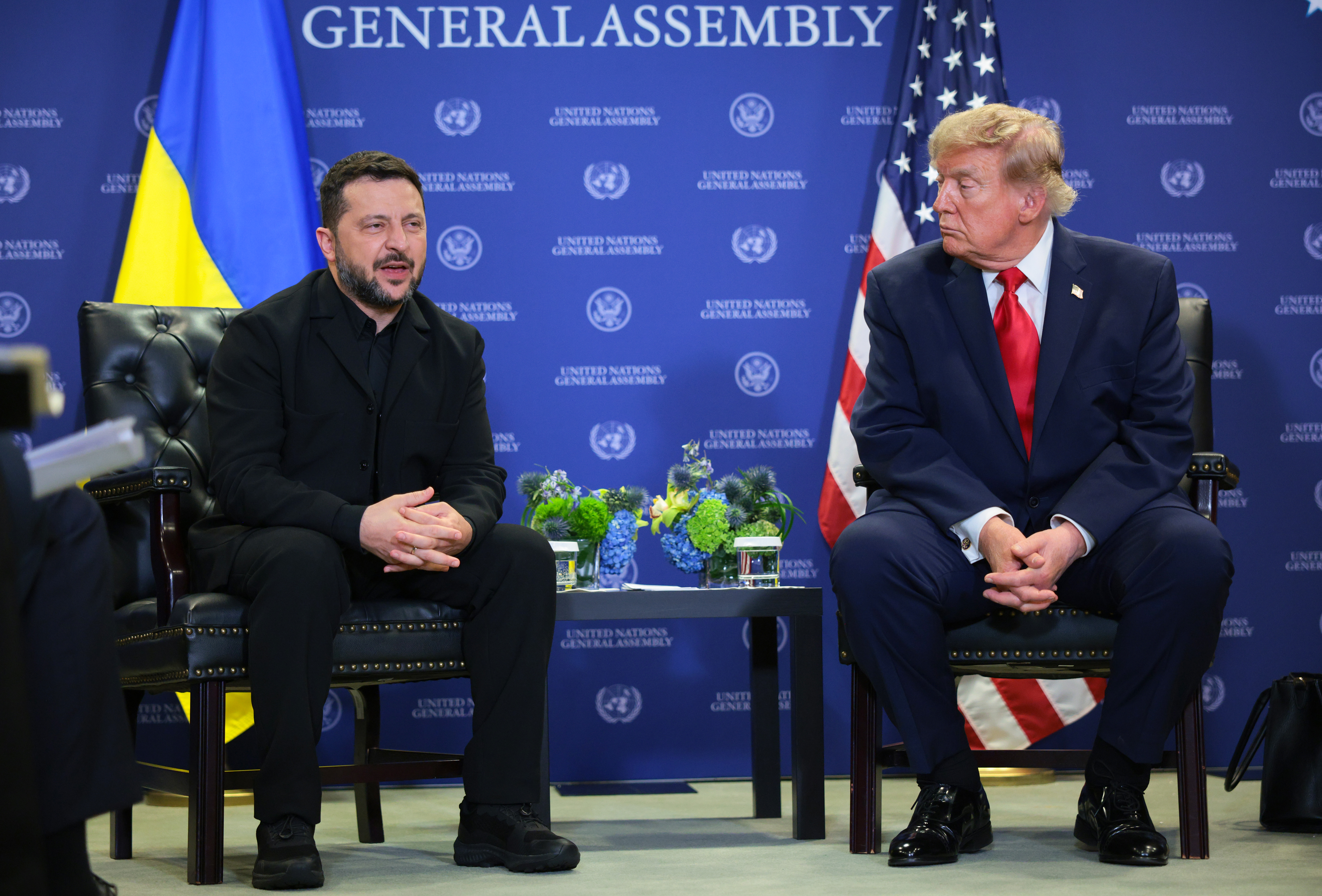 NEW YORK, NEW YORK - SEPTEMBER 22: President of Ukraine Volodymyr Zelensky (L) and U.S. President Donald Trump hold a bilateral meeting in conjunction with the 81st session of the United Nations (U.N.) General Assembly at U.N. Headquarters on September 22, 2026 in New York City. World leaders have gathered in New York for the annual session of the United Nations General Assembly, with this year's global issues ranging from the threat of artificial intelligence to the continued wars in Ukraine and Gaza. (Photo by Chip Somodevilla/Getty Images)