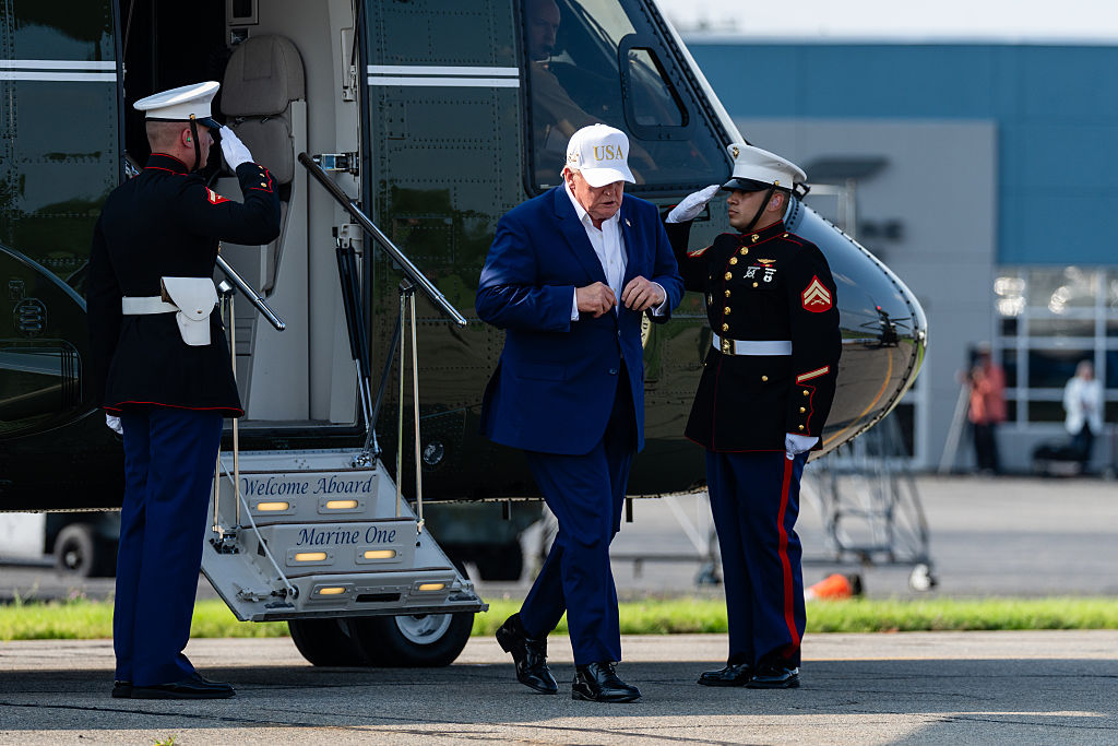 MORRISTOWN, NEW JERSEY - AUGUST 9: U.S. President Donald Trump exits from Marine One to board Air Force One on August 9, 2026 at Morristown Airport in Morristown, New Jersey. President Trump spent the weekend at his Bedminster, New Jersey golf club. (Photo by Eric Lee/Getty Images)