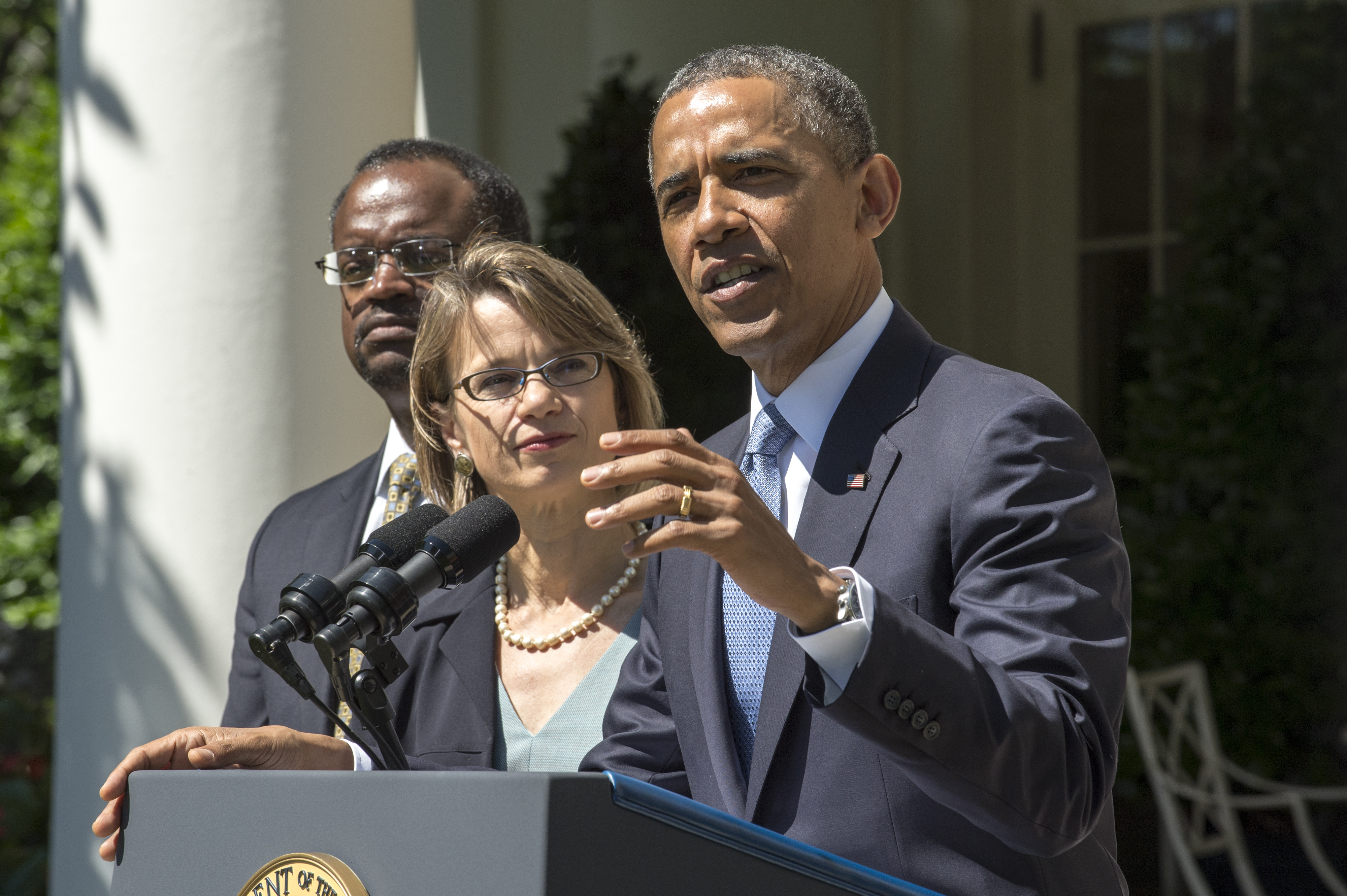 U.S. President Barack Obama, center, speaks to the press about his nominating Robert L. Wilkins, a Federal District Judge, left, and Patricia Ann Millett, an appellate lawyer, second left, and Cornelia Pillard, a law professor, out of frame to right, all to fill vacancies that remain open on the United States Court of Appeals for the District of cColumbia Circuit during and event in the Rose Garden of the White House in Washington D.C. Tuesday June 4, 2013. Photo Ken Cedeno (Photo by Ken Cedeno/Corbis via Getty Images)
