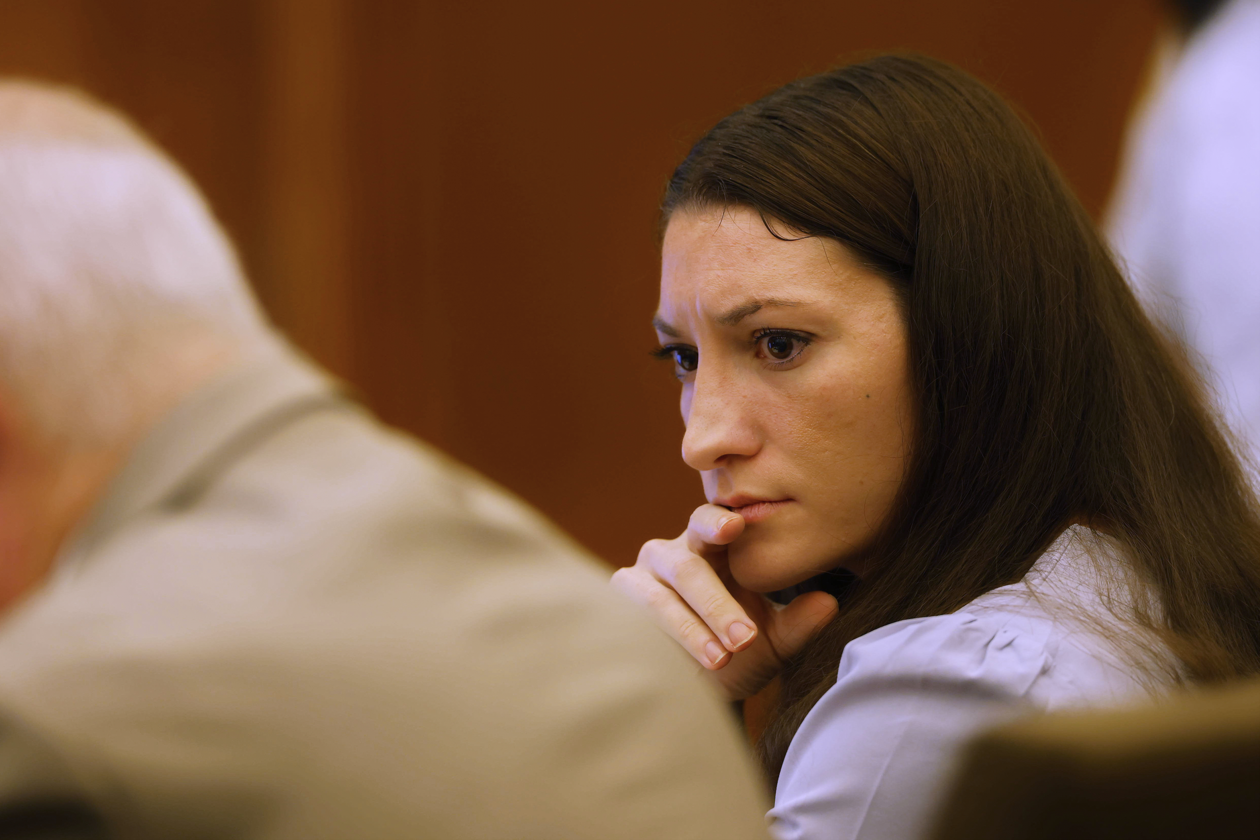 Defendant Lindsay Clancy listens during her murder trial at Plymouth Superior Court in Plymouth, Mass., on Thursday, July 30, 2026. (CJ Gunther/The Boston Herald via AP, Pool)