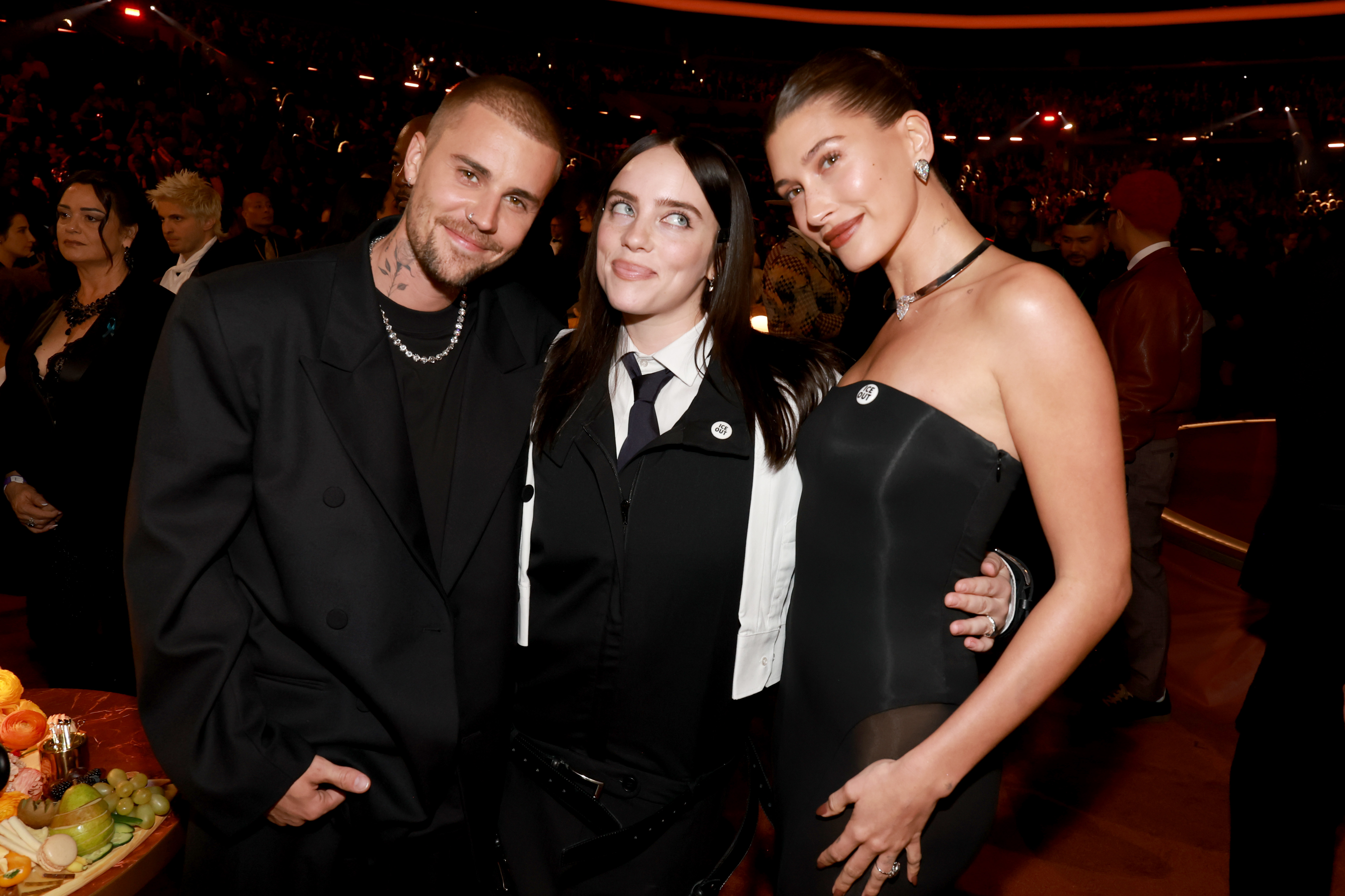 LOS ANGELES, CALIFORNIA - FEBRUARY 01: (L-R) Justin Bieber, Billie Eilish, and Hailey Bieber attend the 68th GRAMMY Awards at Crypto.com Arena on February 01, 2026 in Los Angeles, California.  (Photo by Kevin Mazur/Getty Images for The Recording Academy)