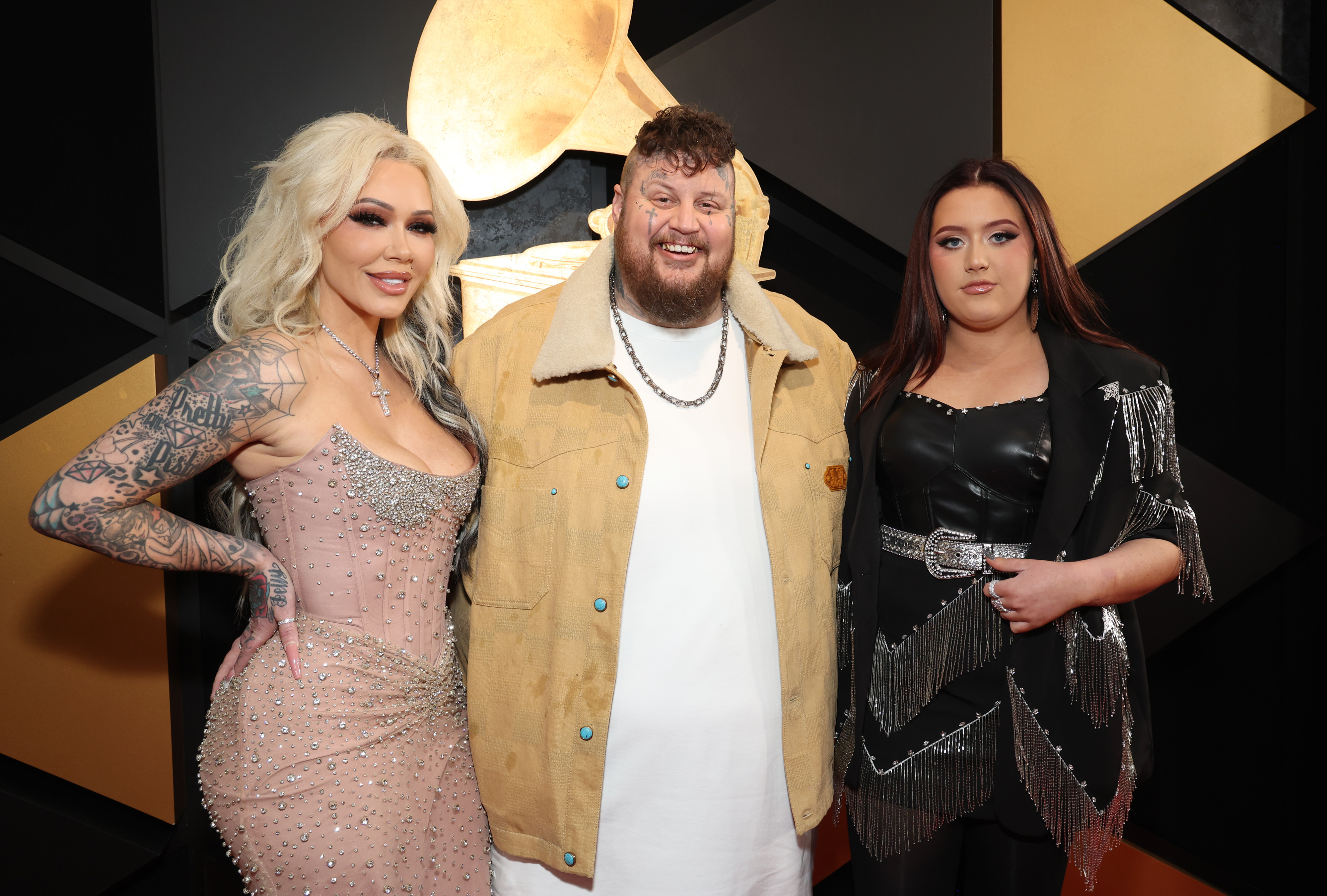 LOS ANGELES, CALIFORNIA - FEBRUARY 04: (L-R) Bunnie Xo, Jelly Roll and Bailee Ann attend the 66th GRAMMY Awards at Crypto.com Arena on February 04, 2024 in Los Angeles, California. (Photo by Kevin Mazur/Getty Images for The Recording Academy)
