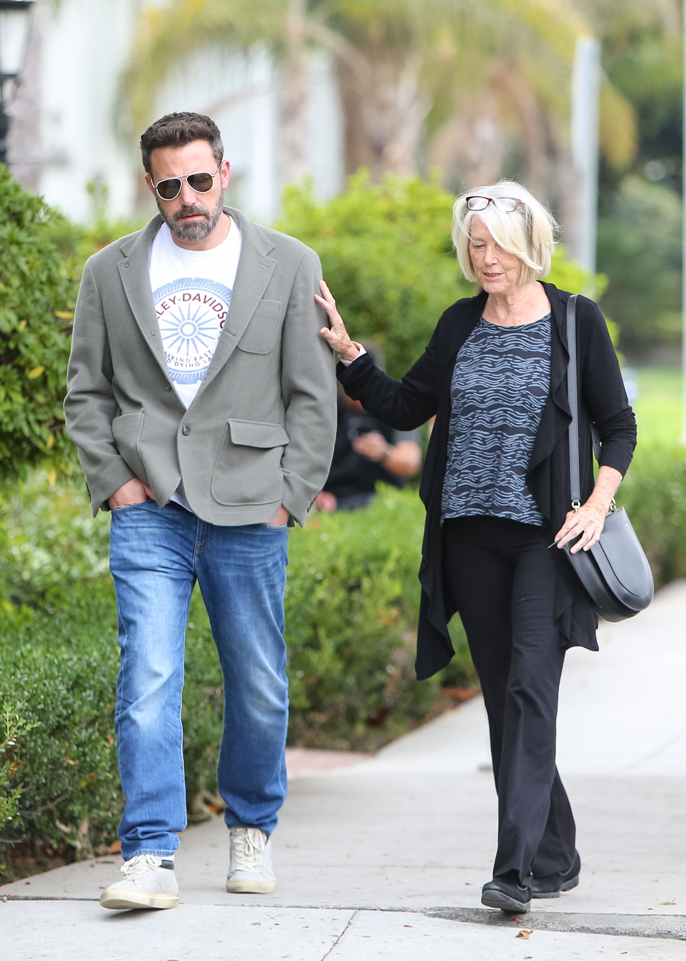 LOS ANGELES, CA - OCTOBER 16: (L-R) Ben Affleck and his mother, Christine Anne Boldt are seen on October 16, 2019 in Los Angeles, California.  (Photo by BG004/Bauer-Griffin/GC Images)