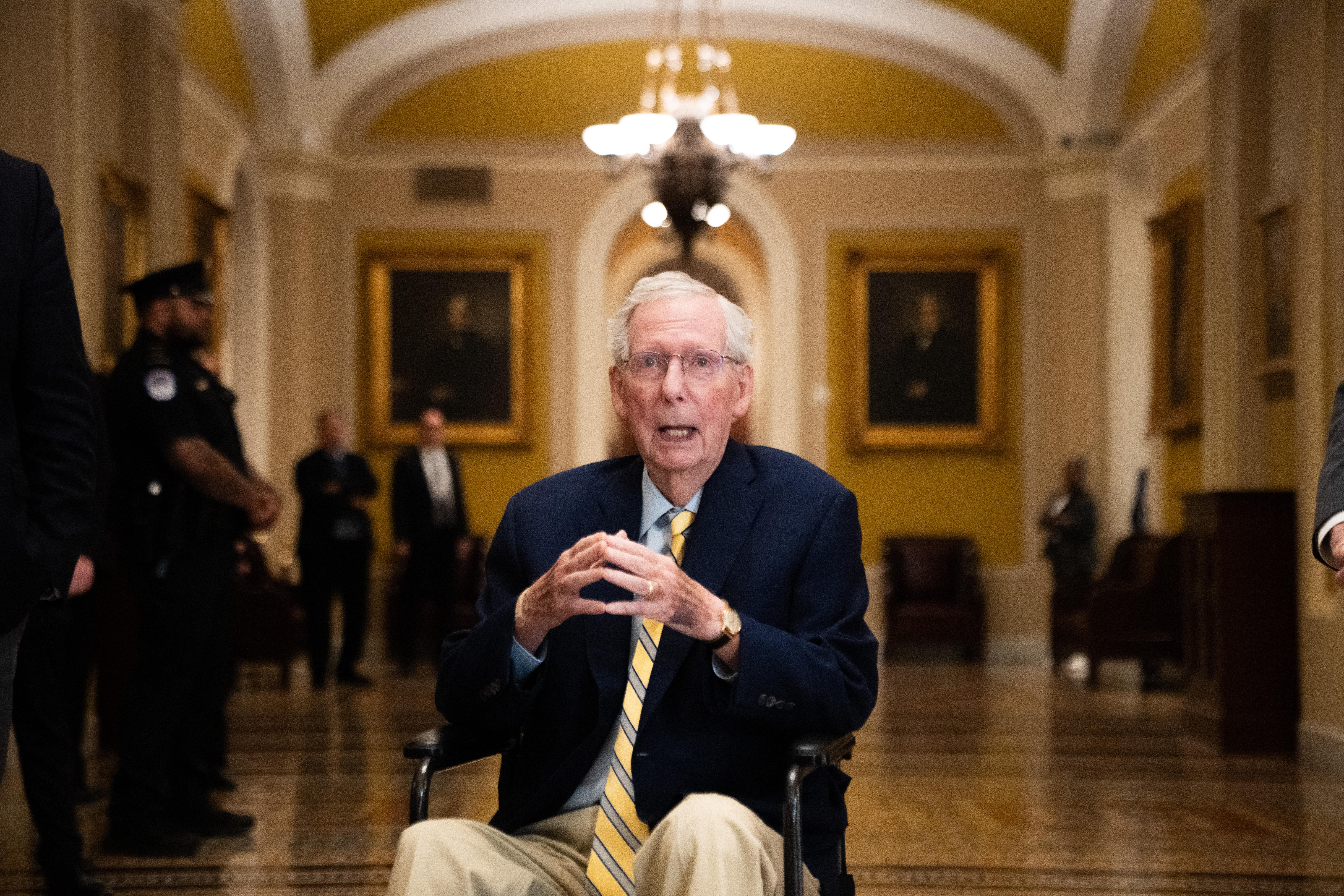 Sen. Mitch McConnell, R-Ky., speaks to reporters at the U.S. Capitol, Monday, Sept. 14, 2026, in Washington. (AP Photo/Allison Robbert)