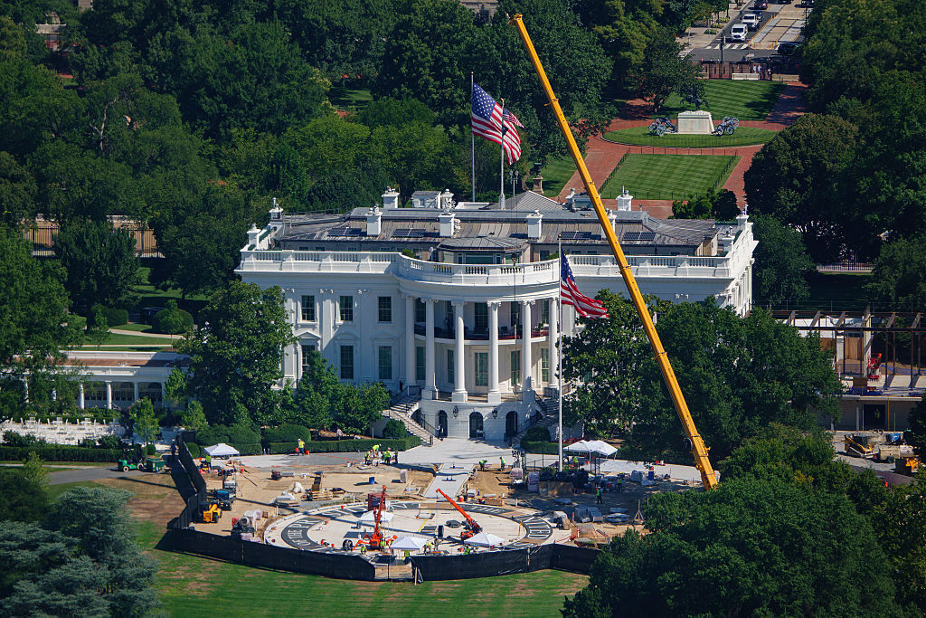 Construction continues on a new helipad on the South Lawn of the White House to accommodate new Sikorsky VH-92A Patriot helicopters that will be used as Marine One on July 30, 2026 in Washington, DC. (Photo by Kevin Carter/Getty Images)
