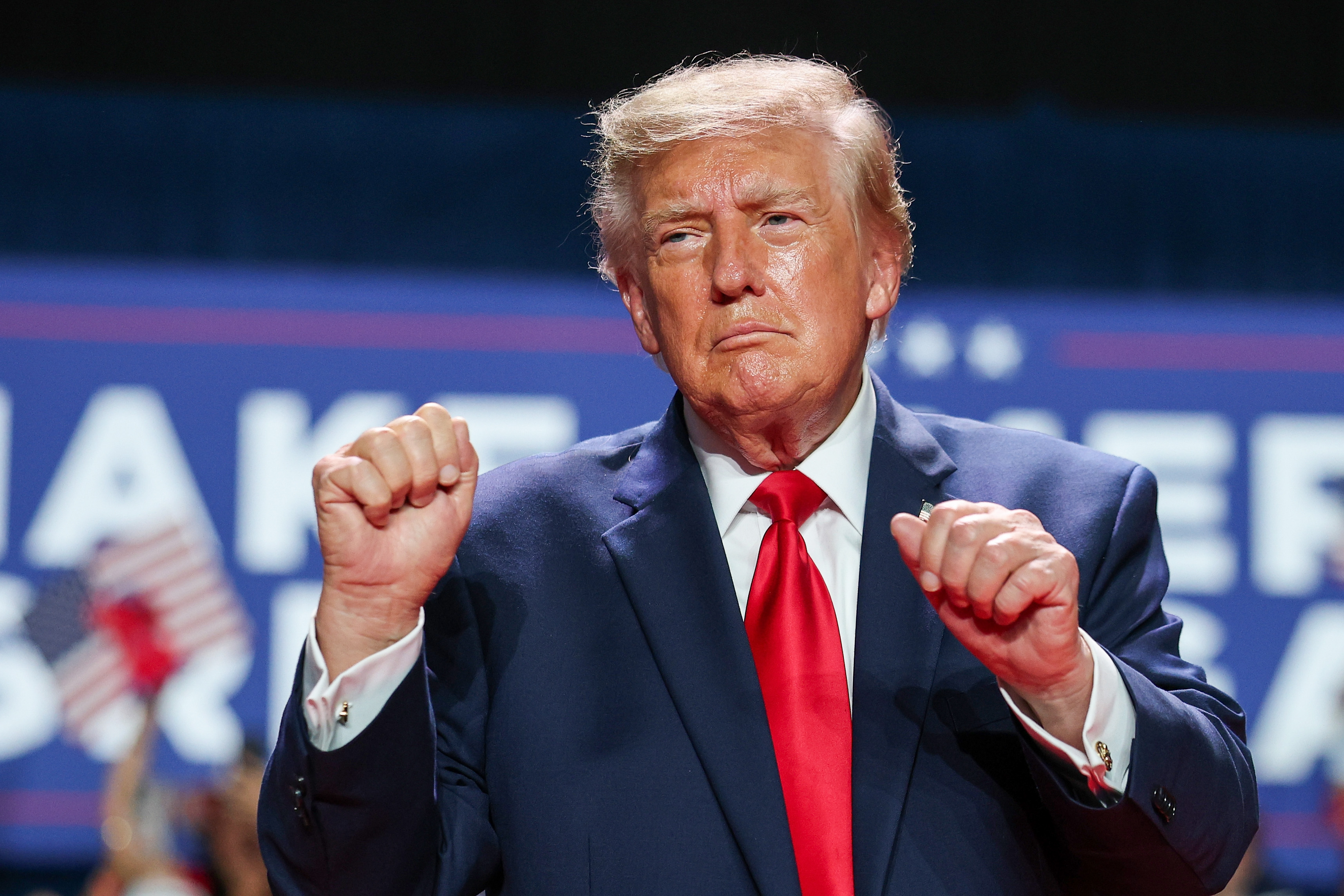 SAN ANTONIO, TEXAS - OCTOBER 07: U.S. President Donald Trump dances as he leaves the stage after speaking during a campaign rally at the Freeman Coliseum on October 07, 2026 in San Antonio, Texas. On his third trip to the state in the last 30 days, Trump is visiting Texas to campaign for Republican candidates, including Senate candidate and Texas Attorney General Ken Paxton, ahead of the midterm elections. (Photo by Win McNamee/Getty Images)