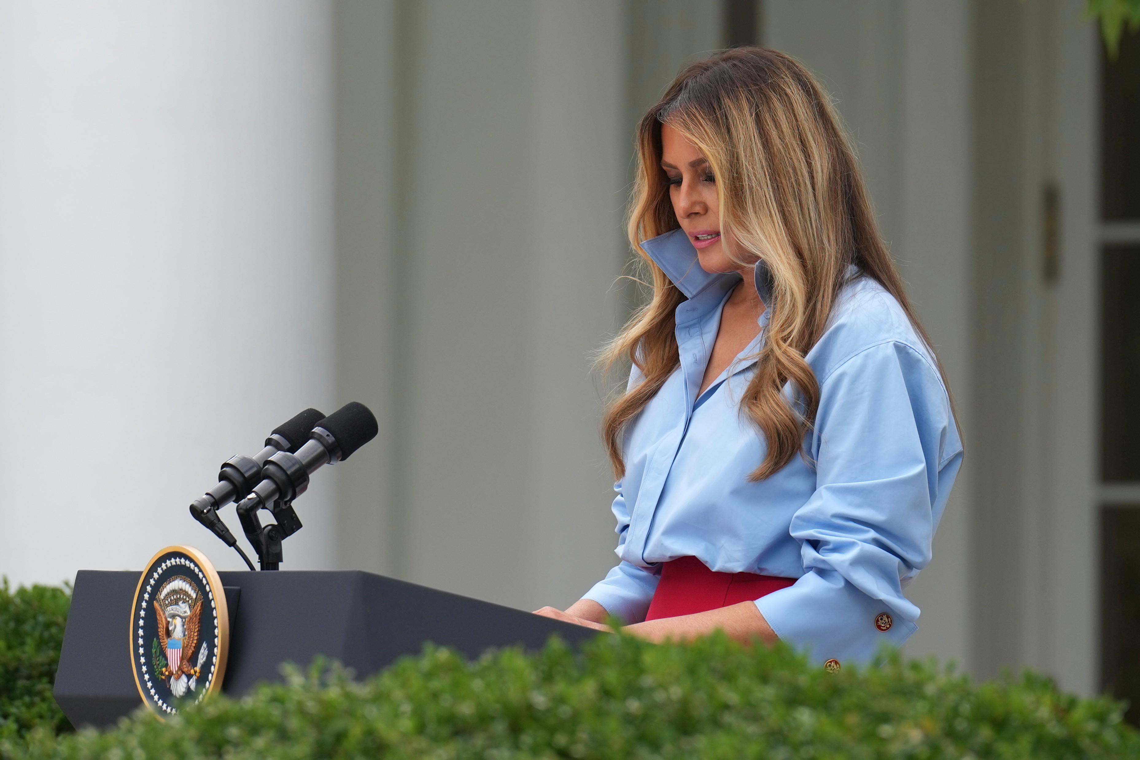 First lady Melania Trump speaks during an event in the Rose Garden of the White House, Thursday, Aug. 20, 2026, in Washington. (AP Photo/Jacquelyn Martin)