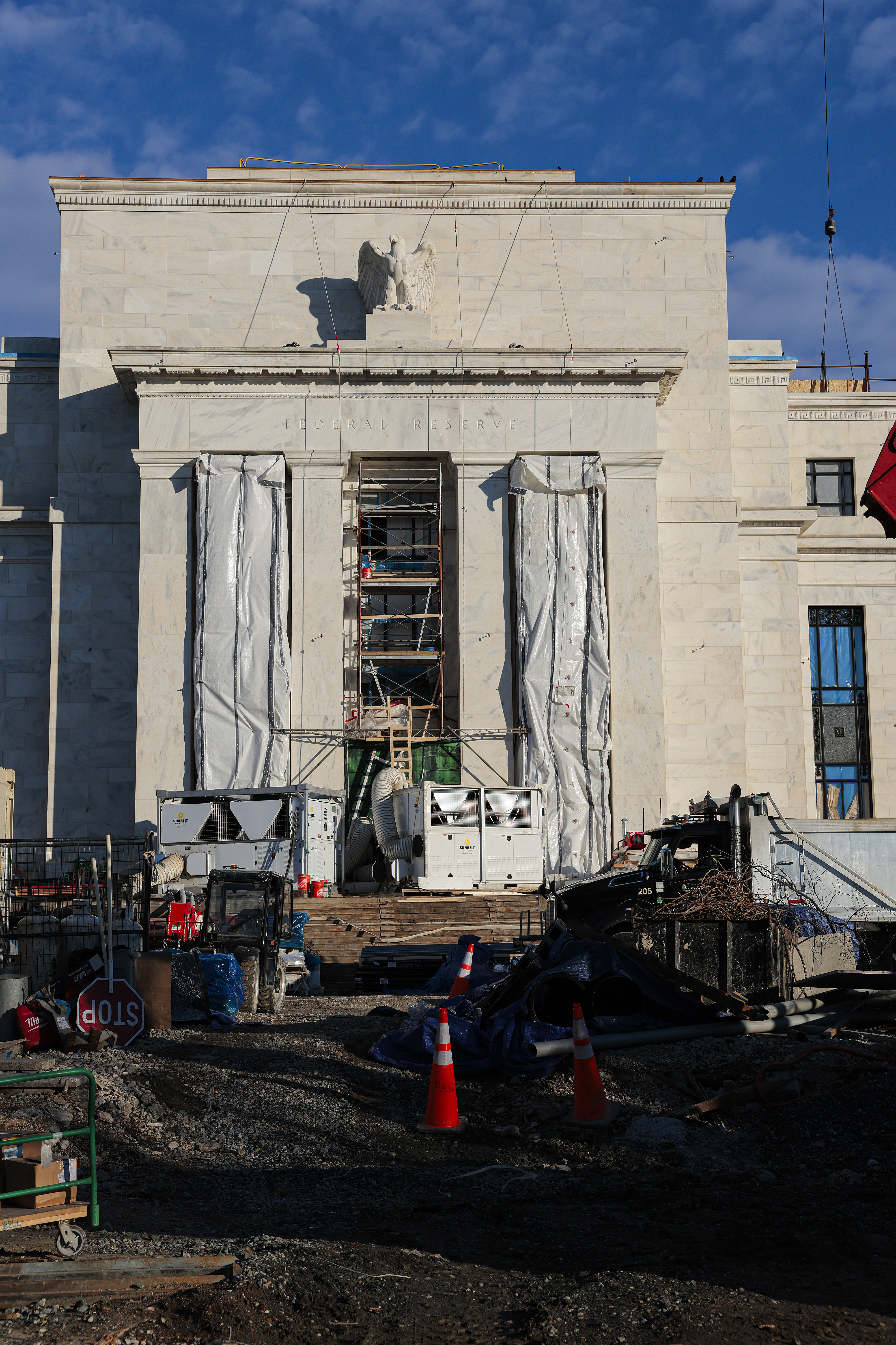WASHINGTON, DC - JANUARY 12: Construction continues at the Marriner S. Eccles Federal Reserve Board Building on January 12, 2026 in Washington, DC. The Department of Justice announced that it is opening a criminal investigation into Jerome H. Powell, the Federal Reserve Chair, over his handling of the renovation project, and related testimony to Congress.&nbsp; (Photo by Heather Diehl/Getty Images)