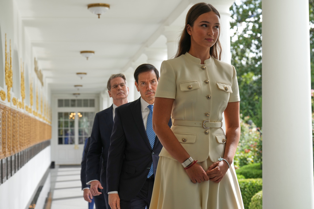 Arabella Kushner, Secretary of State Marco Rubio and Treasury Secretary Scott Bessent walk along the Colonnade before President Donald Trump and China's President Xi Jinping at the White House, Thursday, Sept. 24, 2026, in Washington. (AP Photo/Jacquelyn Martin)