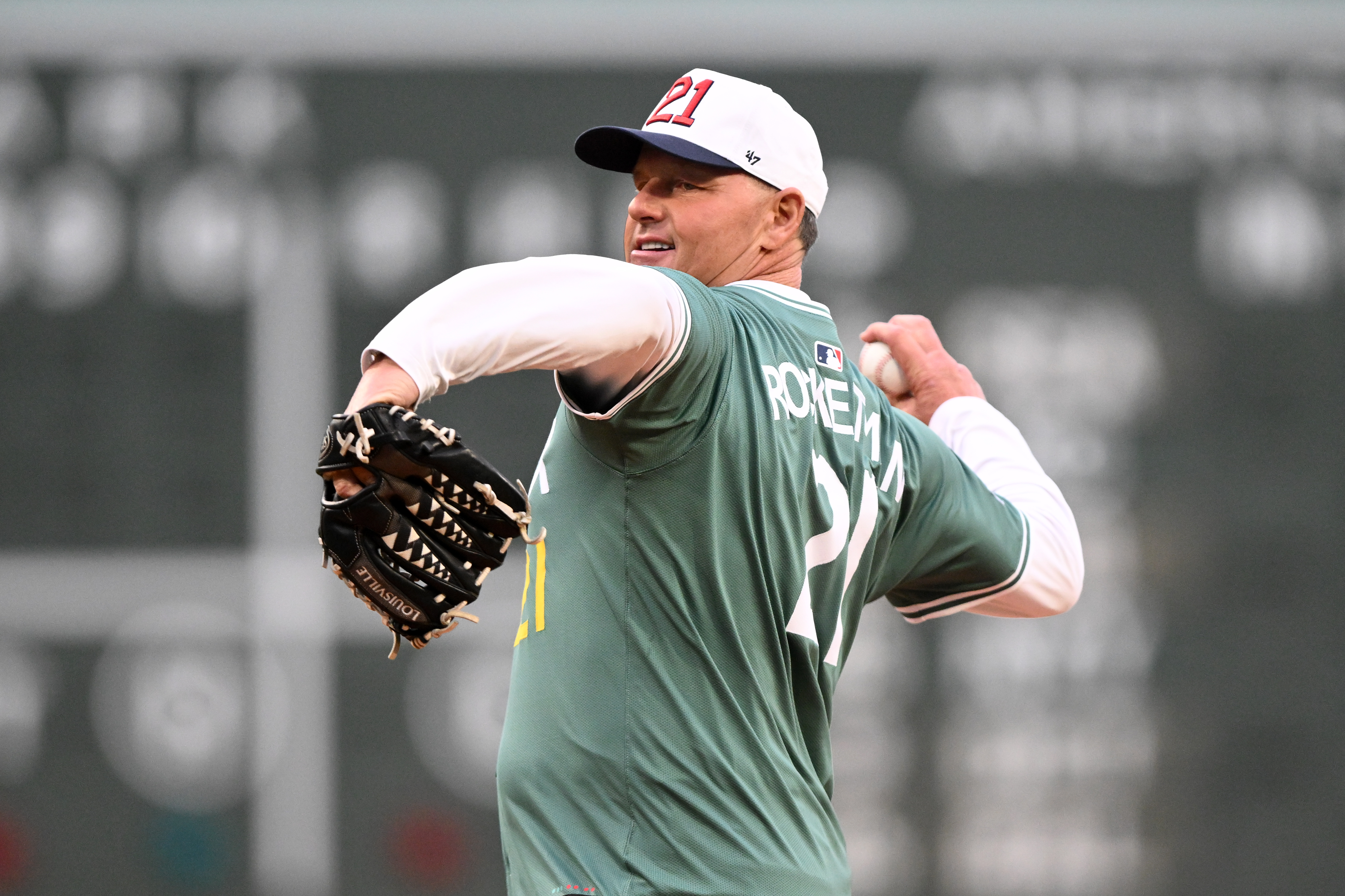 BOSTON, MASSACHUSETTS - MAY 22: Former Boston Red Sox player Roger Clemens throws a ceremonial first pitch before a game against the Minnesota Twins at Fenway Park on May 22, 2026 in Boston, Massachusetts. (Photo by Brian Fluharty/Getty Images)