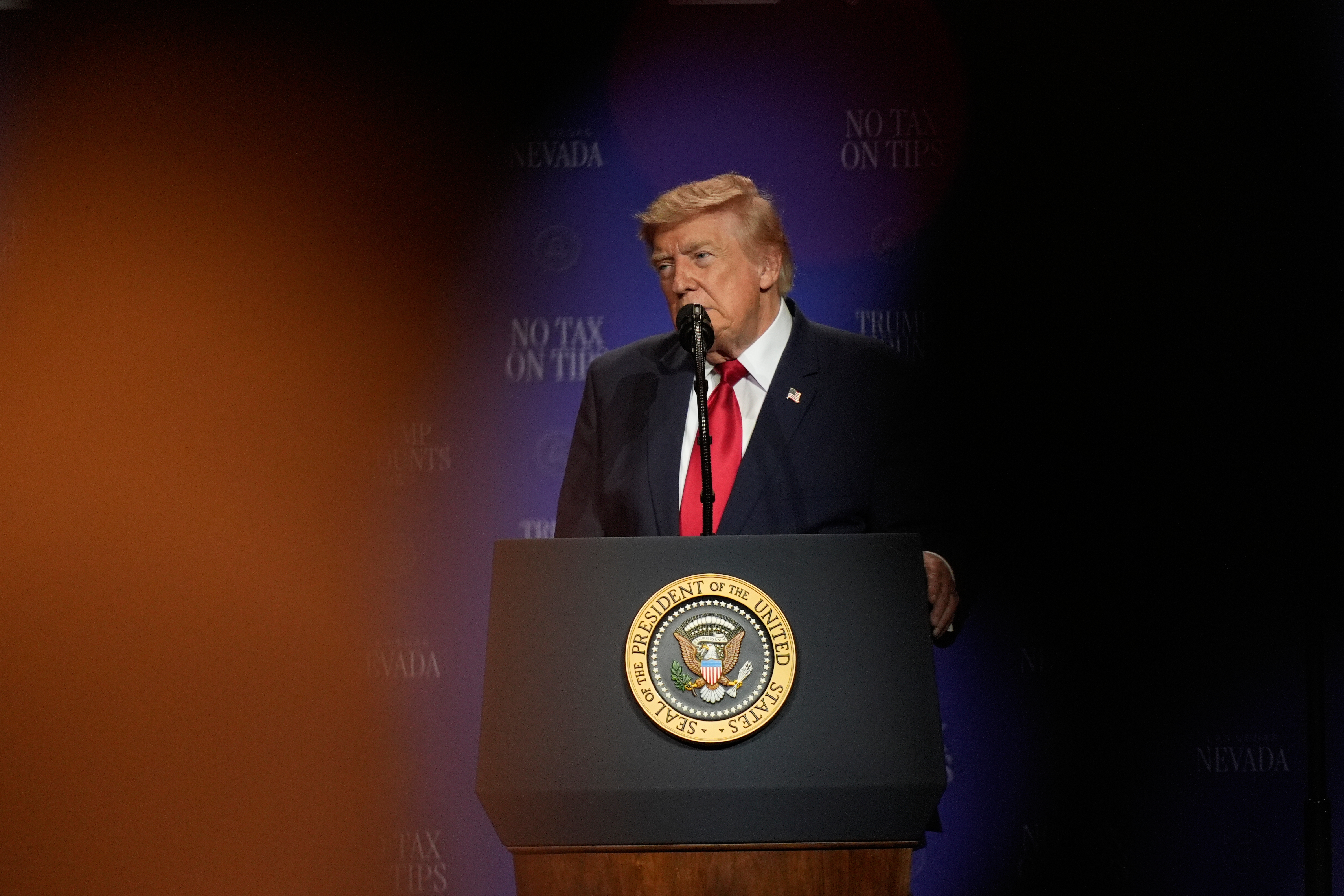 President Donald Trump speaks at an event at the Red Rock Casino Resort and Spa in Las Vegas, Wednesday, Aug. 5, 2026. (AP Photo/John Locher)
