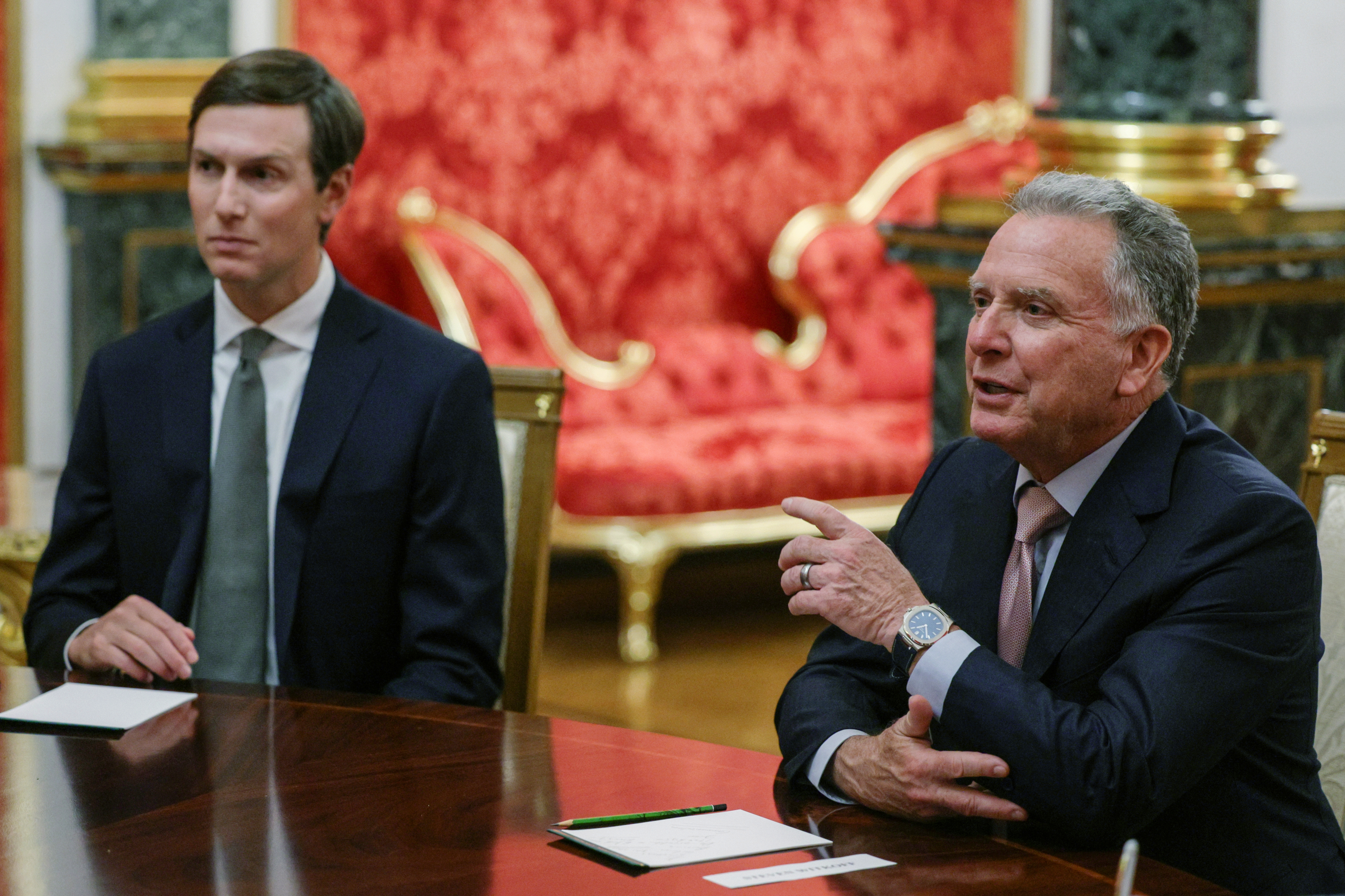 U.S. President Donald Trump's envoy Steve Witkoff, right, speaks accompanied by Jared Kushner during a meeting with President Vladimir Putin at the Senate Palace of the Kremlin in Moscow, on Saturday, Sept. 5, 2026. (Gavriil Grigorov/Sputnik/Kremlin Pool Photo via AP)