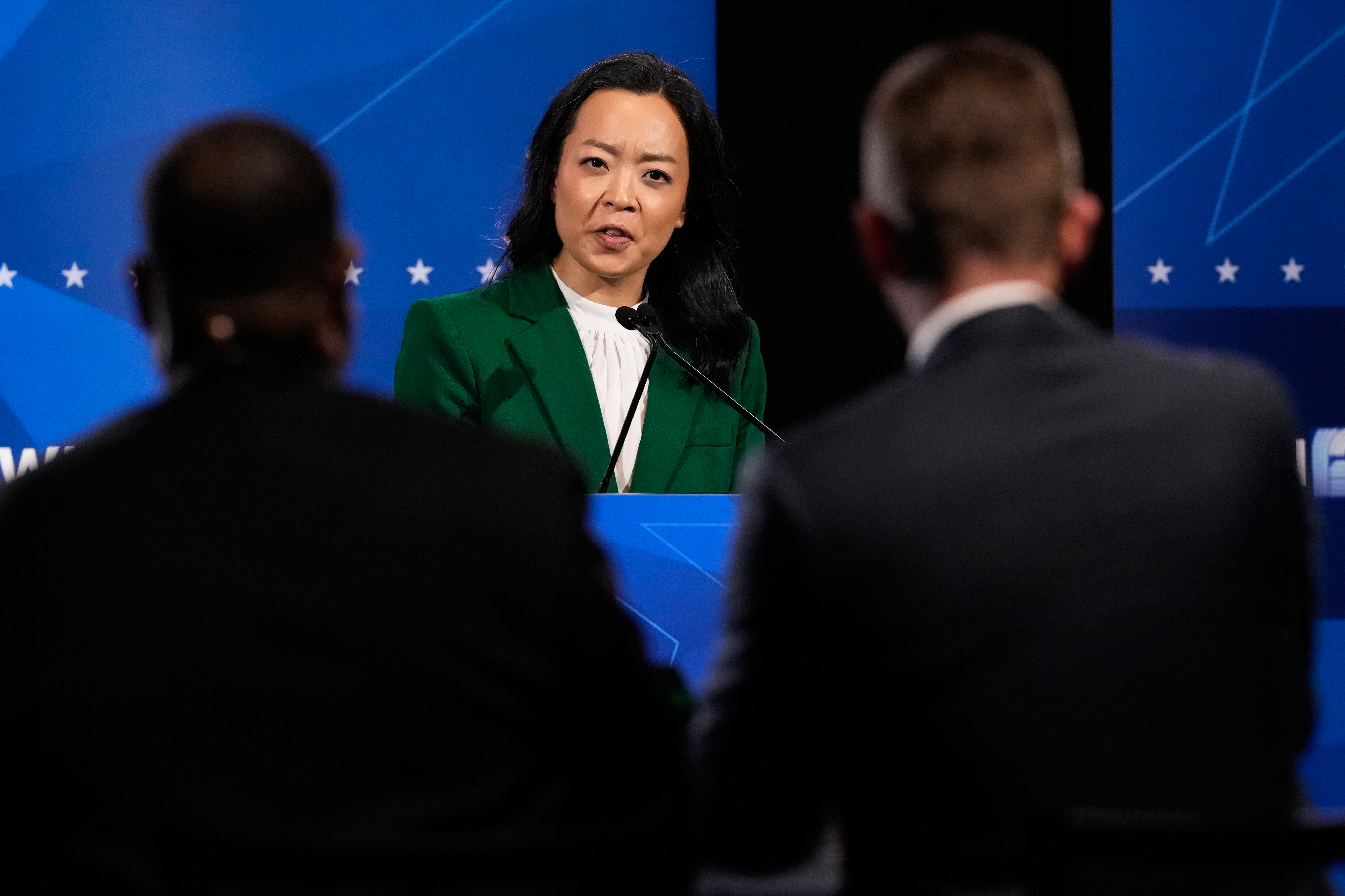Democratic gubernatorial candidate Francesca Hong talks during a primary debate in Milwaukee, Tuesday, July 28, 2026. (AP Photo/Nam Y. Huh)
