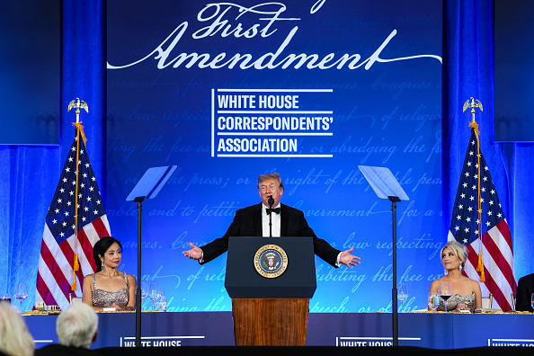 WASHINGTON, DC - JULY 24: U.S. President Donald Trump speaks during the re-scheduled White House Correspondents Dinner in the Presidential Ballroom at the Waldorf Astoria on July 24, 2026 in Washington, DC. The annual gala hosted by the White House Correspondents Association was re-scheduled to tonight after the original event in April was cut short when an armed man, later identified as Cole Tomas Allen, attempted to get past a Secret Service checkpoint. (Photo by Eric Lee/Getty Images)
