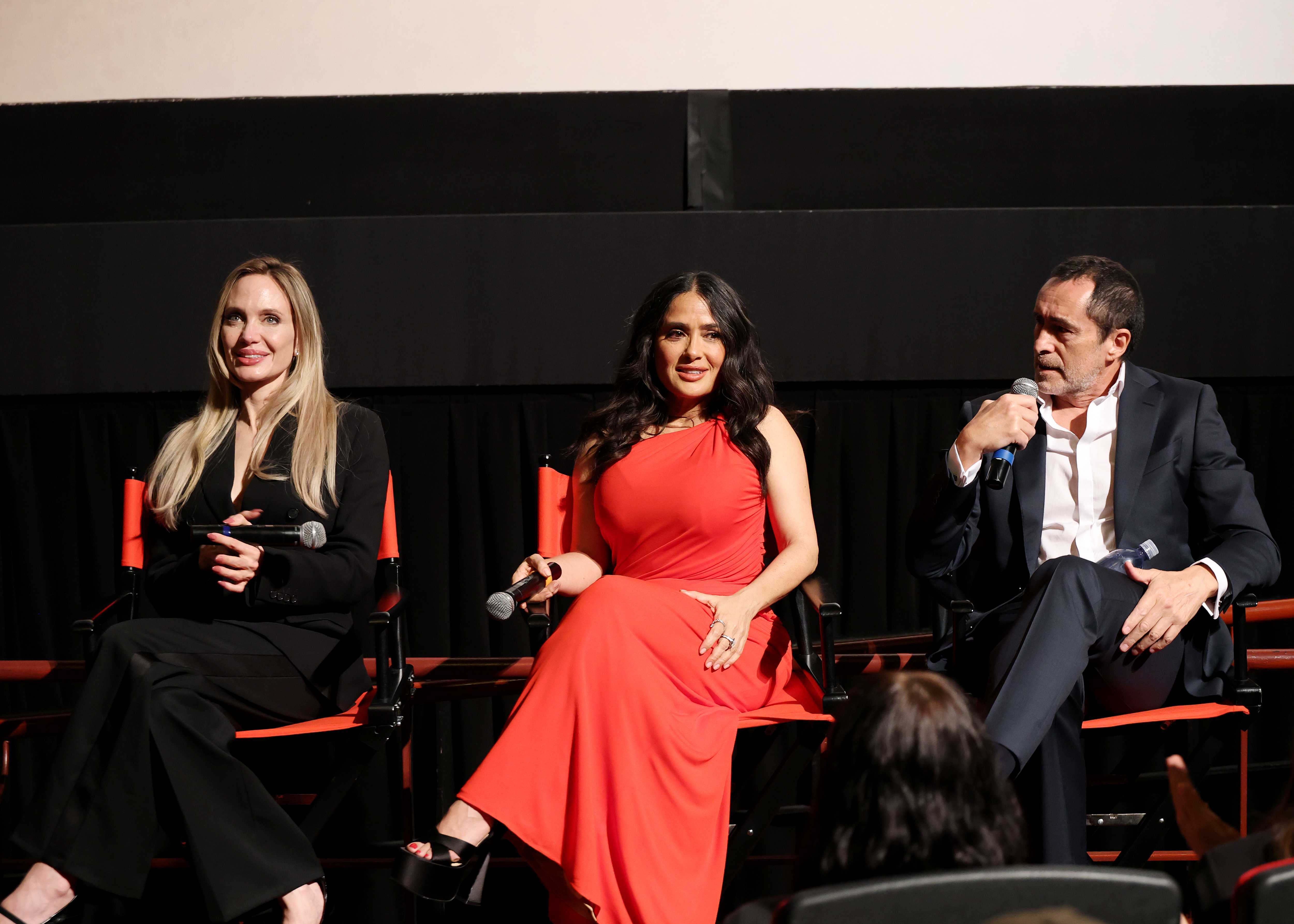 Angelina Jolie, Salma Hayek Pinault, and Demián Bichir speak onstage during “Without Blood” New York Special Screening at Village East Cinema on September 14, 2026 in New York City.